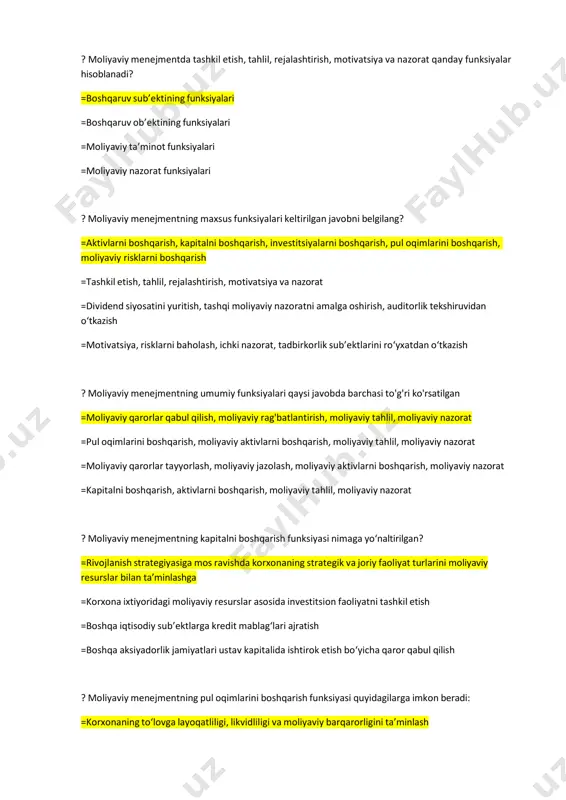 tegik va joriy faoliyat turlarini moliyaviy resurslar bilan ta’minlashga =korxona ixtiyoridagi moliyaviy resurslar asosida investitsion faoliyatni tashkil etish =boshqa iqtisodiy sub’ektlarga kredit mablagʻlari ajratish =boshqa aksiyadorlik jamiyatlari ustav kapitalida ishtirok etish boʻyicha qaror qabul qilish ? moliyaviy menejmentning pul oqimlarini boshqarish funksiyasi quyidagilarga imkon beradi: =korxonaning toʻlovga layoqatliligi, likvidliligi va moliyaviy barqarorligini ta’minlash =moliyaviy risklarni kamaytirish, qoʻshimcha kredit jalb qilish =aksiyadorlar va kompaniya oʻrtasidagi munosabatlarni samarali tashkil etish =biznes jarayonlarini rejalashtirish, moliyaviy risklarni taqsimlash ? korxonalarda moliyaviy strategiya ishlab chiqish, bu - =moliyaviy menejmentning funksiyasi =moliyaviy menejmentning vazifasi =moliyaviy menejmentning konsepsiyasi =moliyaviy menejmentning tamoyili ? korxonalarda moliyaviy qarorlar qabul qilish, bu - ... =moliyaviy menejmentning funksiyasi =moliyaviy menejmentning vazifasi =moliyaviy menejmentning konsepsiyasi =moliyaviy menejmentning tamoyili ? korxonalarda moliyaviy rejalashtirish, bu - ... =moliyaviy menejmentning funksiyasi =moliyaviy menejmentning vazifasi =moliyaviy menejmentning konsepsiyasi =moliyaviy menejmentning tamoyili ? moliyaviy menejmentning bosh maqsadi toʻgʻri koʻrsatilgan javobni belgilang. =korxona foydasini maksimallashtirish =korxona aktivlarini oshirish =korxona …