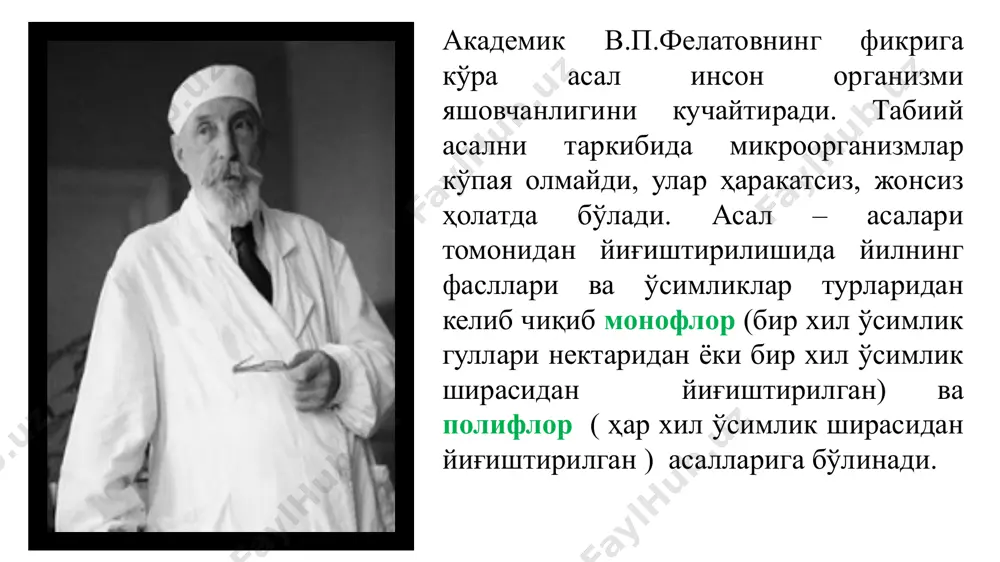 лаборатория текширишлари натижалари ҳисобга олинади. асални кимёвий таркиби ва хусусиятлари. асал ўзининг кимёвий таркибига кўра, юқори тўйимли ва доривор озиқ- овқат ҳисобланади. кўпгина маьлумотларга кўра бир томчи асални таркибида 100 га яқин ҳар хилдаги одам организими учун керакли бўлган моддалар мавжуд. асал фақатгина тоза глюкоза ва фруктозадан иборат десак ҳам хато қилмаган бўламиз. уларнинг аралашмаси биргаликда асални инверт шакари деб аталади. табиий асалнинг кимёвий таркиби қуйидагича. қуруқ моддаси -83.3% сув -16.4-21% инверт шакар -74.9% шакарқамиш шакари -1.9% органик кислоталар -1.108% кул -0.184% крахмал моддалар -5.18% азотли моддалар -0.43% бу кўрсаткичлар маьлум даражада ўзгариб ҳам туради. яьни асални қаердан олинганлигига (географик зонага) иқлимга, ўсимликларни турига, ҳамда йилни қайси фаслида олинганлигига боғлиқ асалнинг таркибида глюкоза ва фруктозадан ташқари организми учун жуда керакли бўлган ферментлар, органик кислоталар, оқсиллар, аминокислоталар, витаминлар, гармонлар ва антибиотиклар мавжуд. бундан ташқари турли ўсимликлардан олинган асал таркибида одам организими учун зарур бўлган кўпгина моддаларни яьни марганец кремний, алюмини, мис, …