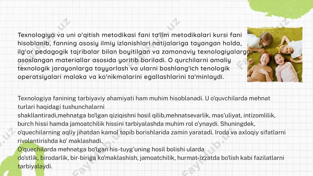 ladigan o'qitish usullariga, balki ta'lim ishining tashkiliy shakllariga ham bog'liq. bo'lajak o'qituvchi uchun boshlang'ich maktabda texnologiya darslari uchun o'ziga xos tarkibni tanlashni belgilaydigan ilmiy pozitsiyalarni tushunish juda muhimdir. umumta'lim maktabida zamonaviy fan muhitini yaratuvchilarni (so'zning keng ma'nosida) va uning iste'molchilarini tayyorlash kerak, ya'ni. uyg'un yashash muhiti nima ekanligini juda yaxshi tushunadigan odamlar. texnologiya darslarining mazmuni yaxlit tizimni tashkil etadi. ularning o'ziga xos xususiyati shundaki, ular ob'ektiv-amaliy faoliyatga asoslanadi, bu esa o'z navbatida bolaga, birinchi navbatda, voqelik haqidagi hissiy bilimlarni beradi. 03. bu tavsiyalarni yaratish zarurati, chunki talabalar “texnologiyani amaliy ish bilan o‘qitish metodikasi” fanini ikkinchi o‘quv yilida, boshlang‘ich sinflarda esa texnologiya darslari uchinchi va to‘rtinchi kurslarda olib borilishi sababli yuzaga keldi. “boshlang'ich ta'lim pedagogika va metodikasi” ixtisosligi talabalari uchun ishlab chiqilgan uslubiy tavsiyalar talabalarning ilgari olgan bilimlarini yangilashga yordam beradi. taklif etilayotgan maslahat va uslubiy material talabalarga texnologiya darslarida talabalar bilan hamkorlikni tashkil etishda yordam beradi. taklif etilayotgan tavsiyalarning maqsadi …