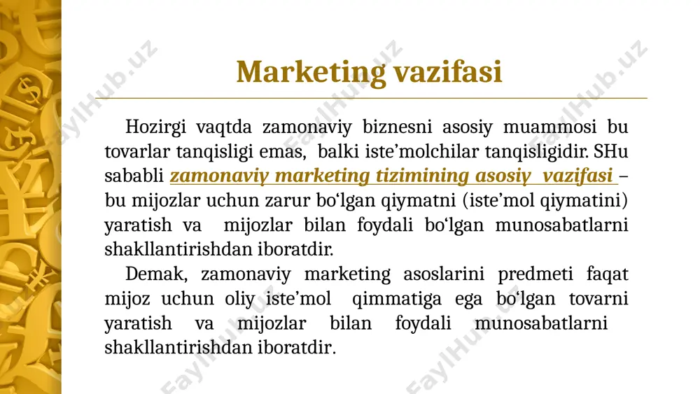 ni asosiy kategoriyalari, uning tushunchasi, mohiyatini aniqlashga imkon beradi. muhtojlik – kishini biron bir narsani etishmasligini his etishidir. ehtiyoj – individ shaxsning madaniy darajasiga asosan maxsus shaklga muhtojlikdir. talab – bu xarid quvvatiga ega bo‘lgan ehtiyoj. talab – mavjud, potensial hamda xohish talabiga bo‘linadi. tovar – bu ehtiyojni yoki muhtojlikni qondira oladigan hamda bozorga e’tiborni tortish, sotib olish, ishlatish yoki iste’mol qilish maqsadida taklif etilgan barcha narsalardir. ayirboshlash – biron bir shaxsdan o‘ziga kerakli bo‘lgan ob’ektni olish uchun, uning evaziga boshqa narsani taklif etadi. marketingni mohiyati tovarni ishlab chiqarish va xizmat ko‘rsatish albatta iste’molchiga, talab, ishlab chiqarish imkoniyatlarini mo‘ljallashdan iborat. marketingni vazifasi nafaqat talabni qondirishdan iborat va aksincha unga shunday ta’sir ko‘rsatish kerakki, u taklifga mos kelsin. hozir ko‘pgina chet ellik marketologlar zamonaviy marketing tushunchasi ishbilarmonlikka kiradigan faoliyatni o‘z ichiga olmog‘i kerak deb hisoblaydilar. boshqalari esa bunday izohlarni tanqid qilib, ayriboshlashning hamma turlari ham marketing tusiga ega emasligini va marketing …