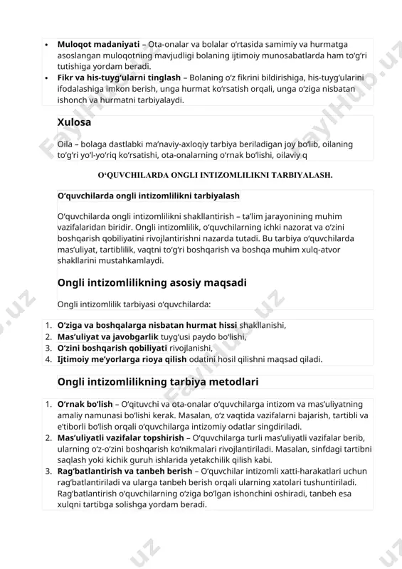 di. 2. ma’lumot berish – axloqiy tarbiyaning muhim jihati, bu bolalarga axloqiy qoidalar, qadriyatlar va me’yorlar haqida ma’lumot berishdir. masalan, yaxshi va yomon xulq-atvor, rostgo‘ylik, vijdonlilik haqida tushuntirish. 3. stimul va motivatsiya yaratish – ma’naviy-axloqiy tarbiyada ijobiy va salbiy stimullar qo‘llash mumkin. bolaning yaxshi xulq-atvorini rag‘batlantirish, noto‘g‘ri harakatlari uchun esa muloyimlik bilan tanbeh berish orqali ularda o‘zini to‘g‘ri tutishga intilish paydo qilinadi. 4. muammoli vaziyatlar yaratish – bolalarga turli muammoli vaziyatlar yaratish orqali ularni axloqiy muammolarni hal qilishga o‘rgatish. misol uchun, noto‘g‘ri tanlov qilish natijasida paydo bo‘ladigan oqibatlarni tushuntirish orqali bolani to‘g‘ri qaror qabul qilishga o‘rgatish. 5. dialog va fikr almashish – bolalar bilan ochiq muloqot o‘tkazish, ularning fikrlari bilan qiziqish orqali ular axloqiy masalalarga nisbatan o‘z nuqtai nazarlarini shakllantiradilar. suhbatlar orqali axloqiy tushunchalarni o‘zlashtirish, ular bilan muloqotda bo‘lish orqali axloqiy qarashlarini rivojlantirishga yordam beriladi. oilada bolalarni ma’naviy-axloqiy tarbiyalash mazmuni oilada bola ma’naviy-axloqiy tarbiyani o‘z oilasida shakllantiradi, ota-ona va boshqa …