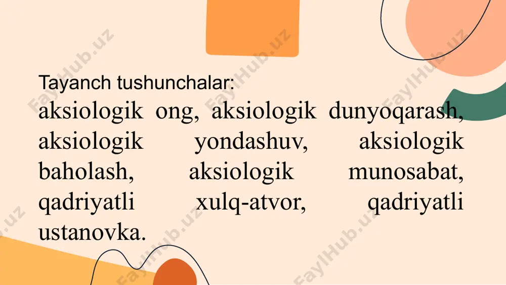 di yaxshilik, sevgi, mehnatsevarlik, vijdon, qadr-qimmat, fuqarolik pedagogik muhabbat, ta'lim oluvchilar taqdiriga qiziqish ta'lim oluvchiga yuksak ishonch bilan qarash; - hamkorlik, muloqot mahorati; to'g'ridan-to'g'ri majburlashdan voz kechish; - ijobiy rag'batlantirishning muhimligi ta'lim oluvchi shaxsiga ta'lim subyekti, faollik va erkin tanlash sohibi sifatidagi munosabat. qadriyatli ustanovka. shaxsning o'zining ichki pozitsiyasini anglashi va aniq qadriyatlar bilan bog'liqlikda faoliyatga tayyorgarlikning mavjudligi qadriyatli ustanovka sifatida aniqlanadi. attitude (ustanovka, munosabat) atamasi aynan inson faoliyatining yo'nalganligi ma'nosida birinchi marotaba v.tomas va f .znanetskiy tomonidan qo' llanilgan. ustanovka shaxsning aniq faoliyatga tayyorlik holatini aks ettiruvchi yo'naitirilganlik tavsifini egallaydi. unda kognitiv (bilim, axborot) va affektiv (emotsiya, hissiyot) tarkibiy qismlar namoyon bo'ladi. «qadriyatlar - jamiyatda kishilar o'rtasida obro'ga, e'tiborga, hurmatga, nufuzga, ahamiyatga ega kishilar, munosabatlar, holatlar, moddiy narsalar va ma'naviy boyliklar majmuasi» «mustaqillik izohli ilmiy-ommabop lug'at» «qadriyat - voqelikdagi muayyan hodisalaming, umuminsoniy, ijtimoiy-axloqiy, madaniy-ma'naviy ahamiyatini ko'rsatish uchun qo'llaniladigan falsafiy-sotsiologik va aksiologik tushuncha». «falsafa: qomusiy lug'at» «qadriyat – bu tabiiy …