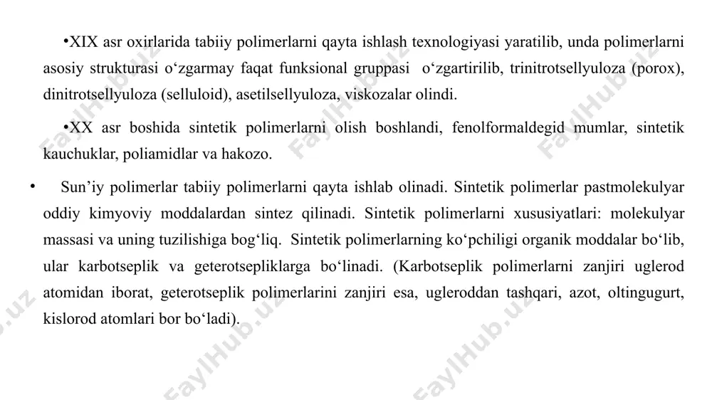 li sistemalar tushuniladi. plastmassalarni qayta ishlash texnologiyasiga quyidagi jarayonlar kiradi: kimyoviy tarkibni o‘zgartirish, polimerga to‘ldiruvchilar, plastifikatorlar kiritish va termomexanik ishlov berish. olingan materialni shakllash va plastmassadan buyum olish. buyum konstruksiyasi ilmiy jihatdan asoslangan va konkret eksplutatsiya sharoiti hisobga olingan holda ishlash qobiliyatiga ega bo‘lishi shart. polimerlanish - bu ko‘p sonli monomerlarni qo‘shimcha moddalar ajratib chiqarmay bir-biri bilan bog‘lanib, makromolekula hosil qilish jarayoni hisoblanadi. monomerlarni passiv holatdan aktiv holatga keltirish uchun initsiatorlar, katalizatorlar, oftob nuri, issiqlik yoki yadro energiyasidan foydalanadi. polimerizatsiya-qaytarilmas bo‘lib, issiqlik ajralib chiqishi bilan amalga oshiriladi. makromolekula hosil qilish mexanizmi bo‘yicha polimerlanish reaksiyasi pog‘onali yoki zanjirli bo‘ladi. eng keng tarqalgan usul zanjirli polimerlanish uch bosqichdan o‘tadi: 1. initsiatlash, initsirlash (boshlab berish). 2. zanjirni o‘sishi (o‘stirish). 3. zanjirni o‘zish (to‘xtatish). polimerlanish jarayoni radikal yoki, ion mexanizmlarda boradi. sopolimerlanish-ikki yoki bir necha har xil monomerlarni birgalikda polimerlanish jarayoniga aytiladi (ikki yoki undan ortiq kimyoviy tarkibi bilan farq qiladigan monomerlarning polimerizatsiyaga uchrashidan …
