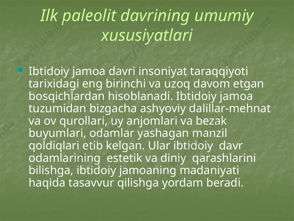 choq, dumaloq... va boshqa shakldagi qurollar hosil qilingan. ashel` davrida ayrim qurollarning shakli uni ishlatish xususiyatiga bog`liq bo`lgan. so`nggi ashelda tabiat keskin o`zgara boshlaydi. o`simliklar, hayvonot dunyosi, iqlimning o`zgarishi ibtidoiy odam ho`jaligiga ham ta`sir etadi. iqlimning o`zgarishi er yuzini ulkan muzliklar qoplashi bilan xarakterlanadi. muzlik –odamning paydo bo`lishi davri bo`lgan kaynozoy erasining to`rtlamchi bosqichida siljiy boshlaydi. muzlik izlarini olimlar mo``tadil iqlim mintaqalarida o`rganganlar. tropik zonalarda muzlikning siljishi plyuvia davrini (plyuvia-yomg`ir) shakllantirgan. masalan, bu davrda saxroi kabirdan daryolar oqqan. shell davrida yashagan odamlar asta-sekin er yuzining ko`plab hududlariga o`rnasha boshlagan. ashel` davrida ular shimoliy hududlarga qarab siljigan. ashel` davridan odamlar sun`iy makonlarda yashashga harakat qiladi. dastlabki sun`iy makonlar- g`orlar edi. qadimgi odamlarning g`orlarga joylashishi va o`rnashishi bilan odamlar ko`chmanchi hayotdan o`troq kun kechirishga o`ta boshladi. ibtidoiy to`da ichida ayollar va erkaklar o`rtasidagi mehnat taqsimlanadi. ya`ni erkaklar ozuqa topish zarurati tufayli ko`proq ovga intilgan bo`lsa, ayollar g`orni qo`riqlash, bu davrda o`zlashtirilgan olovni …