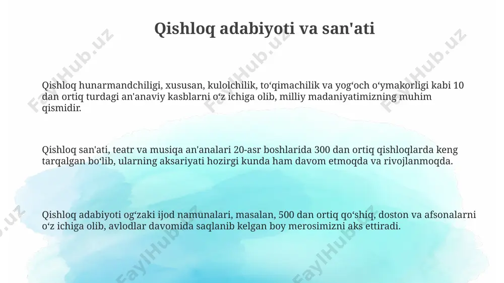 aloqalarning asosiy vositasi sifatida yuzma-yuz muloqot saqlanib qolmoqda. qishloqlarda 50 dan ortiq yoshdagi aholining 70% an'anaviy hunarmandchilik va dehqonchilik bilan shug'ullanib, ijtimoiy hayotning muhim qismini tashkil etadi. qishloq madaniyati va milliy urf-odatlar qishloq madaniyati, 300 dan ortiq turli xil anʼanaviy marosimlar va urf-odatlar orqali, oilaviy qadriyatlar, mehmondoʻstlik va qoʻshnichilik munosabatlarini aks ettiradi. qishloqlar oʻzbekistonning 12 000 dan ortiq aholi punktlarini tashkil etadi va milliy hunarmandchilikning, jumladan, kulolchilik, toʻqimachilik va yogʻoch oʻymakorligining 70% dan ortigʻini saqlab qolgan. qishloq jamoalarining 85% dan ortigʻi mahalliy musiqa va raqs anʼanalarini, masalan, "qoʻshma qoʻshiqlari" va "lazgi" kabi milliy raqslarni saqlab qolgan. qishloqlarning kelajagi va rivojlanishi agroturizm sohasini rivojlantirish orqali qishloq xo'jaligi mahsulotlarining eksport hajmini 15% ga oshirish va 3000 dan ortiq yangi ish o'rinlari yaratish mumkin. qishloqlarni rivojlantirish uchun 2025 yilgacha 50 milliard so'm miqdorida investitsiyalarni jalb qilish rejalashtirilgan bo'lib, bu infratuzilmani modernizatsiyalash va yangi ish o'rinlari yaratishga yo'naltiriladi. raqamli texnologiyalarni joriy etish orqali qishloq …