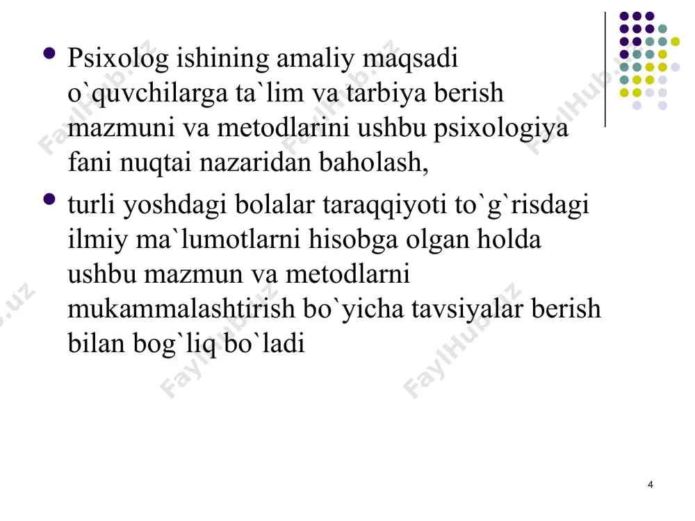 tashqari, bunday mutaxassisga matematik statistika, exm da programmalashtirish bo`yicha bilimlar zarur. * 2. amaliyotchi psixologning konsultatsiya sohasida professional mutaxassislashuvi odamlar bilan psixoterapevtik muloqotga kirishishi texnika va texnologiyasini, suhbatlar, intervyular o`tkazishni, odamlar diqqatini o`ziga jalb etish qobiliyatini, ularni ishontira olish qobiliyatini taqozo etadi. boshqa talablar bilan bir qatorda amaliyotchi psixologlarga taalluqli bo`lgan maxsus talablar ham mavjud. * buning uchun psixolog -konsul`tant odamlarni to`g`ri idrok etish va yaxshi tushuna olish, o`ziga nisbatan ishonch tug`dirishi odamlarga psixologik ta`sir ko`rsatishda ishonchli bo`lishi kerak. demak, amaliyotchi psixolog-konsultantlarni tayyorlashda asosiy e`tibor shaxslararo munosabatlarga taalluqli bilim, ko`nikma va malakalarni o`zlashtirishga qaratilgan bo`lishi kerak. boshqa talablar bilan bir qatorda amaliyotchi psixologlarga taalluqli bo`lgan maxsus talablar ham mavjud. * * 3. psixokorreksiya - amaliyotining alohida murakkab sohasi hisoblanib, u har qanday kliyentga amaliy ta`sir ko`rsatish malakasiga mo`ljallangan. shuning uchun bu sohada mutaxassislashuvchi psixolog turli shakldagi ijtimoiy psixologik treninglarni tashkil qilish va o`tkazish texnikasini egallagan bo`lishi kerak, psixoanaliz va boshqa …