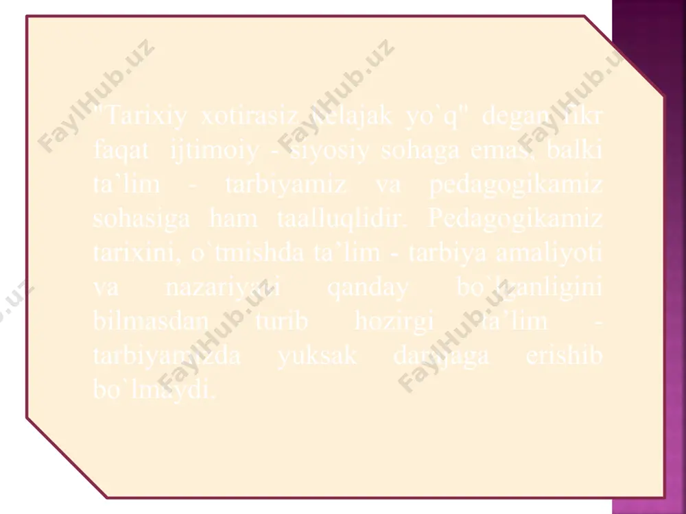 olarni muqaddas sanaganlar. yana bir tarixchi plutarx fors ayollarining qahramonona jasoratlari haqida yozadi. yana uning yozishicha aleksandr makedonskiy yerli xalqlarga yaqinlashish maqsadida 30 ming bolani ajratib olib, ularga yunon tili va harbiy san’atini o`rgattiradi. keyinchalik yunon alifbosi qabul qilinib, maktablarda shu asosida o`qitiladi. xitoy tarixchilari, ulardan syuan szin samarqand aholisi axloqi va xulq - odobi bilan boshqalarga o`rnak bo`lganligi haqida yozadilar. bulardan qadimda bolalar o`qitiladigan savod maktablari bo`lganligi, bundan tashqari harbiy mashqlarga o`rgatilganligi ham ma’lum bo`ladi. eposlarda xotin - qizlarning fidoyiligi, jasorati, aql - idroki, erkaklar bilan teng sharoitda faoliyat ko`rsatganliklari ifodalanadi. sak va massaget qabilalari eposlari ayniqsa mashhurdir. polienning "harbiy xiylalar" asarida shiroq afsonasi keltiriladi. gerodotning "tarix" kitobida keltirilgan massagetlar hukmdori tumaris va eron shohi kir haqidagi rivoyatlar ham o`ziga xosdir. bulardan tashqari feodal jamiyati boshlarida yaratilgan "er xubbi", "chistoniyalik bek", "siyovush", "rustam" singari afsona va qahramonlik dostonlari ham katta tarbiyaviy ahamiyatga egadir. eng qadimgi turkiy tilda yaratilgan turk …