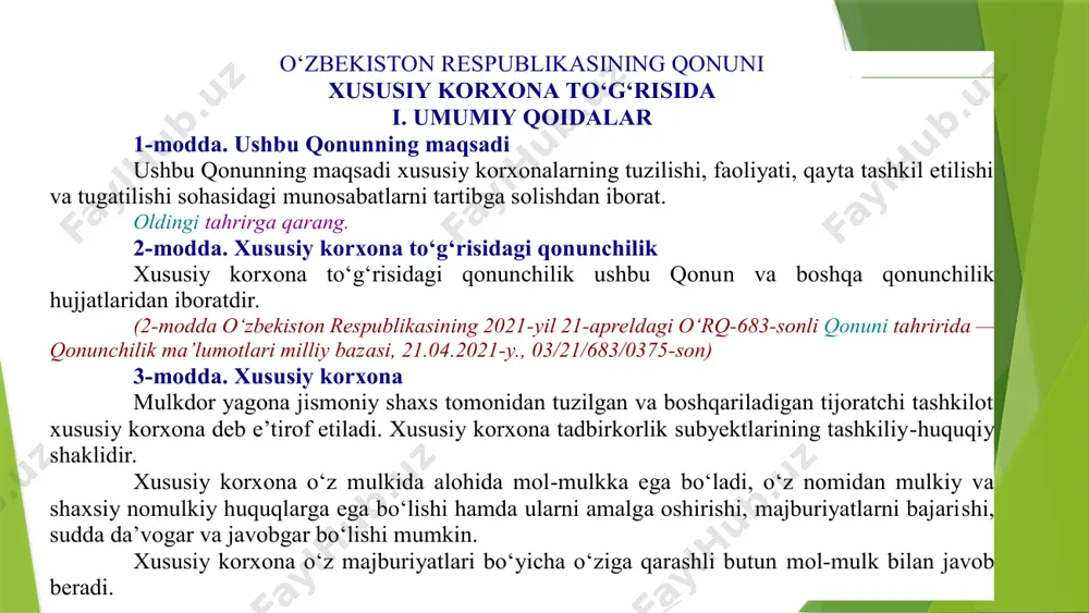 na” degan so‘zlarni yoki “xk” abbreviaturasini o‘z ichiga olishi kerak. 5-modda. xususiy korxonaning bank hisobvaraqlari oldingi tahrirga qarang. xususiy korxona o‘zbekiston respublikasi hududida va undan tashqarida qonunchilikda belgilangan tartibda bank hisobvaraqlari ochadi. (5-moddaning matni o‘zbekiston respublikasining 2021 -yil 21-apreldagi o‘rq-683-sonli qonuni tahririda — qonunchilik ma’lumotlari milliy b azasi, 21.04.2021-y., 03/21/683/0375-son) lexuz sharhi “o‘zbekiston respublikasi banklarida ochiladigan bank hisobvaraqlari to‘g‘risida”gi yo‘riqnomaga (ro‘yxat № 3420, 08.02.2023 -y.) qarang. не удается отобразить связанный рисунок. возможно, этот файл был перемещен, переименован или удален. убедитесь, что ссылка указывает на правильный файл и верное размещение. 6-modda. xususiy korxonaning muhri oldingi tahrirga qarang. xususiy korxona o‘zining to‘liq firma nomi davlat tilida ifodalangan va xususiy korxonaning joylashgan eri ko‘rsatilgan muhrga ega bo‘lishga haqli. muhrda bir vaqtning o‘zida uning firma nomi boshqa tilda ham ko‘rsatilishi mumkin. (6-modda matni o‘zbekiston respublikasining 2019 -yil 20-martdagi o‘rq-531-sonli qonuni tahririda — qonun hujjatlari ma’lumotlari milliy bazasi, 21.03.2019 -y., 03/19/531/2799-son) 7-modda. xususiy korxonaning shtamplari …