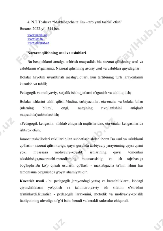 uruhda tarbiyaviy jarayonning qaysi qismi yoki muassasa moliyaviy-xo'jalik ishlarining qaysi tomonlari tekshirishga,nazoratchi-metodistning mutaxassisligi va ish tajribasiga bog'liqdir.bu ko'p qirrali usularni qo'llash - maktabgacha ta’lim ishini har tamonlama o'rganishda g'oyat ahamiyatlidir. kuzatish usuli - bu pedagogik jarayondagi yutuq va kamchiliklarni, ishdagi qiyinchiliklarni yo'qotish va ta'limtarbiyaviy ish sifatini o'stirishni ta'minlaydi.kuzatish - pedagogik jarayonini, metodik va moliyaviy-xo'jalik faoliyatining ahvoliga to'g'ri baho beradi va kerakli xulosalar chiqaradi. frontal-yalpi - yangi tekshirish turida bu usul kun davomida tekshirilayotgan pedagogik jarayonni o'z ichiga oladi, bunda:rejali, talim-tarbiya ish mazmunini va turli tarbiya ishini muvofiqlashganligi, maishiy hayotda bolalar hayotini va tarbiyasini tashkil etish, o'quv-tarbiya usul va uslublarini tashkil etish, bolalarning o'yini, mehnati faoliyatlari kuzatiladi. tematik nazorat turida esa kuzatish usuli tanlangan temaga va uning xarakteriga bog'liqdir. agar ahvoli kuzatilayotgan bo'lsa, unda tekshiruvchi mashg'ulotlarini chuqur kuzatadi,uning dastur mazmuniga, tuzilishiga, metodikasiga chuqur ahamiyat beradi.o'yin jarayonini kuzatayotganda diqqatni o'yin turiga, o'yin uchun sharoit, bolalarning munosabatlariga va tarbiyachining o‘yinga rahbarligiga qaratadi.pedagogik ishlarni …