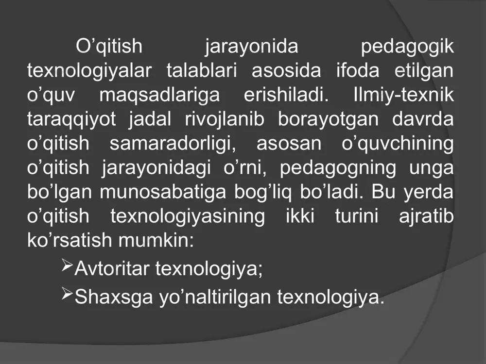 asang, o’shancha ol, keraklisidan kam bo’lmasin. individual, psixologik xususiyatlariga ko’ra tabaqalashtirish turli darajadagi gomogen guruhlarda o’qishga qiziqish ta’minlanadi aqliy rivojlanish darajasiga ko’ra guruhlar ichida (fanlar ichidagi) tabaqalashtirish i.a. ii.b. iii.c. turli darajadagi parallel guruhlar: i.a. ii.b. iii.c. c bilimlarning ijodiy darajasini ta’minlash b bilimlarning unumli darajasini ta’minlash a bilimlarning unumsiz darajasini ta’minlash individual o’qitish qo’shimcha o’qitish o’quv rejasiga asosan o’qitishni tabaqalash (bu tushuncha o’qitish jarayonining o’zi bilan bog’liq) – uslubiy, psixologik-pedagogik va tashkiliy-boshqaruv tadbirlar majmuasi asosida tuzilgan turli xildagi gomogen guruhlarda o’qitish uchun turli xil shart-sharoitlarni yaratish demakdir. o’qitishning eng yuqori oliy pog’onasi individual o’qitish hisoblanadi (3-rasm). o’qitishni tabaqalashtirish a. boshlang’ich pog’ona b. o’rta pog’ona c. oliy pog’ona oqimlarda va akademik guruhlarda o’qitish gomogen guruhlarda o’qitish (ggo’) individual o’qitish (io’) ommaviy o’qitish ggo’ io’ io’ io’ io’ io’ io’ ggo’ io’ io’ io’ io’ xulosa oliy va o’rta maxsus kasb-hunar ta’lim tizimida gomogen guruhlar, talabalarning individual-psixologik xususiyatlari, avvalo aqliy rivojlanish …