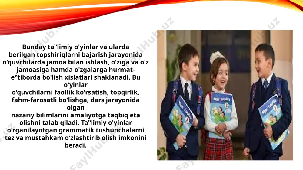 ishtshalar” yasaydi va ularga savol yozilan qog„ozchalarni yopishtirib chiqadi. g„ishtchalar soni o'quvchilar soniga teng yoki ko'p bo'lishi kerak. guruhlarga “minora” yoki “devor” qurilishi uchun joy ajratiladi. har bir guruhdan bittadan bola chiqadi va “gishtcha” ni olib, savolni o'qiydi. agar bolalar savolga to'g„ri javob topsalar o'zlarining “maydoncha”lariga “g„isht”ni teradilar. agar noto'g„ri javob bersalar, o'qituvchi “g„ishtcha”ni olib qo'yadi. o'yin shu taxlitda barcha o'quvchilar bittadan “g„ishtcha” olib bo'lgunlariga qadar davom etadi.” qurilish maydonchasi” da eng ko'p g„isht tergan o'quvchilar guruhi g„olib hisoblanadi. ko'rinadiki, har bir ta‟limiy o'yinda ma‟lum ta‟limiy maqsadga qaratilgan vazifa qo'yiladi. bu vazifa bolalarga bilim va ma‟lumot bеrishni ko'zda tutadi. har bir ta‟limiy o'yin bolalardan ma‟lum vazifani bajarishni talab qiladi. shu orqali ta‟limiy o'yinlar dars samaradorligini oshirishga xizmat qiladi. foydalanilgan adabiyotlar: 1. abdurahmonov m. didaktik o„yinlarning ta‟limiy ahamiyati// xalq ta‟limi tizimida boshlang„ich sinf o„qituvchilarining yangi avlodini tayyorlash muammolari. t-1996.176- bet. 2. yoqubov sh. xoliqova sh. grammatik o„yinlar o„quvchilarni faollashtirish vositasi// ta‟lim …