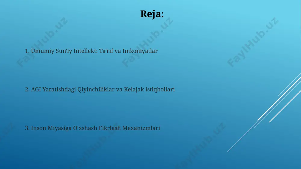 agi rivojlanishida hozirda tor maqsadli sun'iy intellekt tizimlari ustunlik qilmoqda, lekin umumiy maqsadli agi yaratishga urinish natijasida 100 dan ortiq loyihalar faol ravishda ish olib bormoqda. agining potentsial afzalliklari va xatarlari agining potentsial afzalliklari, masalan, 1000x tezroq dori-darmonlarni kashf etish yoki iqtisodiy samaradorlikni 20% ga oshirish, insoniyat uchun ulkan taraqqiyotni va'da qiladi. agi xavfi sifatida, noaniq algoritmlar tufayli yuzaga kelishi mumkin bo'lgan kutilmagan xatti-harakatlar va noto'g'ri qarorlar natijasida 5% dan yuqori ehtimol bilan global inqirozlar yuz berishi mumkin. inson miyasi va uning modellashtirilishi agi modellashtirishda chuqur oʻrganish algoritmlari, xususan, sun'iy neyron tarmoqlari, inson miyasining arxitekturasi va funksiyalarini taqlid qilishda muhim rol oʻynaydi. miyaning turli sohalarining ixtisoslashuvi va ularning birgalikdagi ishlashi agi yaratishdagi asosiy qiyinchiliklardan biri boʻlib, bu jarayonni murakkablashtiradi va katta hisoblash quvvatini talab qiladi. etik jihatlar va kelajakdagi istiqbollar agining rivojlanishi bilan bog'liq xavflarni bartaraf etish uchun global hamkorlik va xalqaro miqyosda 3tadan kam bo'lmagan tartibga soluvchi huquqiy me'yorlar …