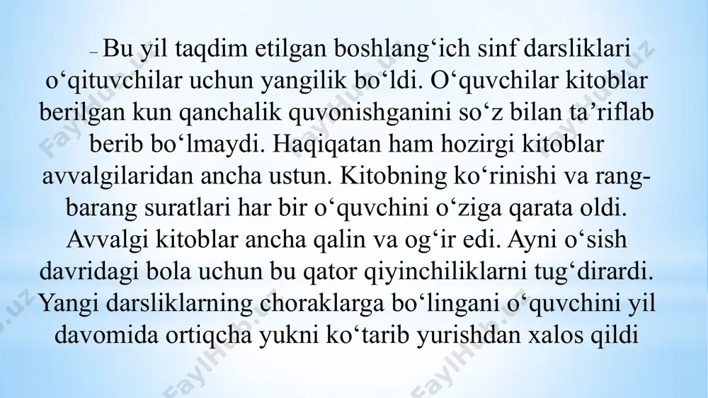 shda qo‘shimcha adabiyotlarni izlashga majbur edik. yangi darsliklar esa matematikaning barcha ustunliklarini o‘z ichiga olgan. faqatgina o‘qituvchi o‘z ustida ishlab, uni o‘quvchiga to‘g‘ri tushuntira olishi kerak. 1-4-sinflar uchun yaratilgan yangi zamonaviy maktab darsliklari "4k" modeliga asoslangan innovasion yondashuvni taqdim etadi. ushbu metodologiya bolalarning har tomonlama rivojlanishiga qaratilgan bo‘lib, quyidagi asosiy kompetensiyalarni o‘z ichiga oladi: darsliklar o‘quvchilarning jamoada ishlash qobiliyatini rivojlantirishga yordam beradigan tarzda tuzilgan. bu o‘quvchilarga hamkorlik qilish, samarali fikr almashish va o‘zaro qo‘llab-quvvatlash ko‘nikmalarini o‘rganishga ko‘maklashadi. kommunikativlik: darsliklar o‘quvchilarning boshqalar bilan muloqot qilish qobiliyatini rivojlantirishga qaratilgan. o‘quvchilar o‘z fikrlarini aniq va ravshan ifodalashga, suhbatdoshni tinglashga va tushunishga, ma’lumotni yetkazishda til vositalaridan unumli foydalanishga o‘rganadilar. kreativ fikrlash: darsliklar ijodiy fikrlashni va yangilik qilish qobiliyatini rivojlantiradi. o‘quvchilar o‘z maqsadlariga erishish uchun yangi yondashuvlarni qo‘llashni o‘rganadilar, innovasion yechimlarni ishlab chiqadilar va ijodiy muammolarni hal qilish ko‘nikmalariga ega bo‘ladilar. kritik fikrlash: ushbu metodologiya o‘quvchilarningning axborotni tanqidiy baholash, o‘z fikri va mulohazalarini shakllantirish ko‘nikmalarini …