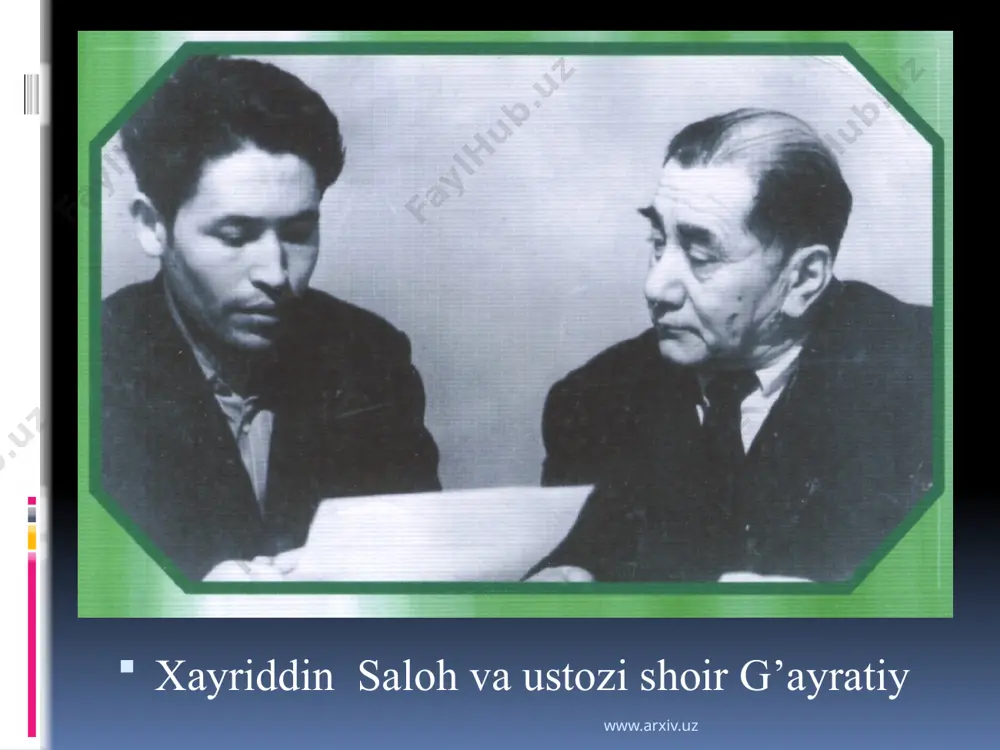 uvlar to’lqinida qilib oqizoq – olib ketar ekan yoshligingni ham. biroq sen o’rtanma, chekmagin firiq huda – behudaga aziz do’stiginam – gar qoldirgan bo’lsang hayotda bir iz shon zafarli bo’lsa o’tgan yo’llaring hech vaqt yoshlik sendan o’girmagay yuz, hech vaqt xazon ko’rmas ekan gullaring. yoq! o’tdi deyilmas unday yillaring! www.arxiv.uz xayriddin salohnning 80- yilligiga bag’ishlandi. www.arxiv.uz e’tiboringiz uchun raxmat www.arxiv.uz image2.png image3.png image4.jpeg image5.png image6.png