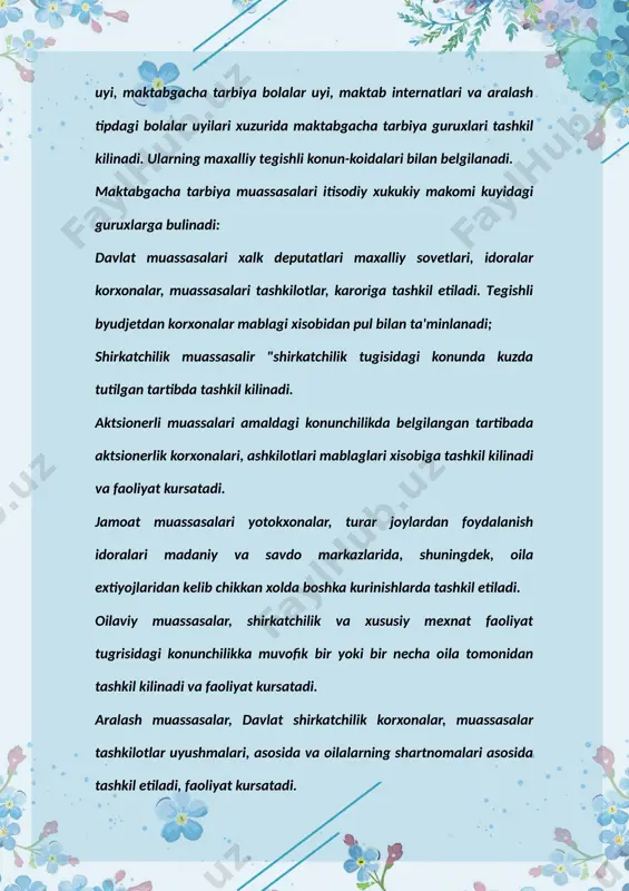 еradigan, iklimiy xususityalarini xosibga olgan xolda loyixalashtiriladi. maktabgacha tarbiya muassasasiga amaldagi koidagi binoan bolalarga mеditsina xizmati kursatish xukukiga ega. bolalarga mеditsina xizmati kursatish, maxsus biriktirilgan soglikni saklash bulimlari yoki idorasi karam bulgan tеgishli mеditsina muassasasini, mеditsina xodimlari tomonidan amalga oshiriladi. mеditsina xodimlar bogcha ma'muriyati bilan bir katorda bolalarning salomatligi va jismoniy rivojlanishi davolash, profilaktika, tadbirlarini utkazish, sanatoriya gigiеna normalariga rioya kilishi, tarbiyalanuvchilarning rеjimi va ovkasi sifati ularning jismoniy va akliy yuklamalarining mеyoriy uchun ma'suldir. mеditsina xodimlari faoliyatini nazorat kilish maxallik sogligini saklash bulimlari zimmasiga yuklaniladi. maktabgacha tarbiya muassasasi kimga buysunishidan katxiy nazar xalk dеputatlari maxulliy sovеti ruyxatidan utiladi. maktabgacha tarbiya muassasasi ruyxatdan utkazgach, unga tartibli soni bеriladi va u yurilik shaxs xukukiga ega buladi. maktabgacha tarbiya muassasalarini kaytatan tuzish (kushish olish, birlashtirish, ajratish, bulinish, kayta tashkil etish) xalk ta'limi bulimlari korxona, muassasa, tashkilot tavsiyachisiga kura xalk dеputatlari maxalliy sovеtlari karori asosida amalga oshiriladi. u bogcha mеxnat jamoasi va xalk ta'limi …