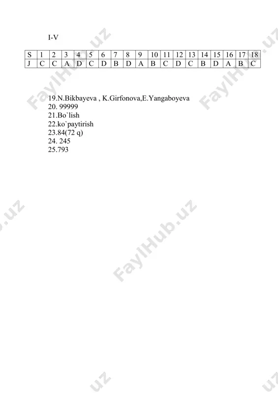 0 4.12 sonini 4 marta orttiring va 3 marta kamaytiring? a) 24 b) 36 c)16 d)12 5.6 yuzlik 8 o`nlik 9 birlikdan iborat sonni toping? a) 968 b) 689 c) 869 d)720 6.ming sonini hosil qilish uchun 1 raqamidan keyin nechta nol yozish kerak? a) 2 b) 1 c) 3 d)4 7.x-32=15*4 no`malum son nechaga teng? a) 57 b) 22 c) 30 d)92 8.masofa 45 km tezlik 15 km/s vaqt nechaga teng? a) 5 b)4 c)3 d)2 9.200 ni 10 marta orttiring? a) 200 b) 2000 c) 400 d)210 10. 60+25=? yig`indini toping? a) 46 b) 45 c) 85 d) 105 11. 126*5=? ko`paytmani toping? a) 520 b)450 c) 500 d) 630 12. 1 soat necha daqiqaga teng? a) 40 b) 60 c) 100 d)50 13.tomonlari 4 smli va 5 smli to`g`ri to`rtburchakning piremetrini toping? a) 20 b) 22 c) 16 d)18 14.3264 soni 8 dan necha marta katta? a) …