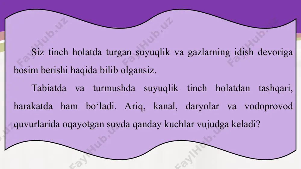 rining moduli, suyuqlik kesim yuzalariga teskari proporsional bo‘ladi. bunga siqilmas suyuqlik uchun oqim uzluksizligi tenglamasi deyiladi. shunday qilib, oqim nayining keng qismida suyuqlik tezligi kichik, tor joyida esa katta bo‘ladi. vodoprovod shlangidan suv sepayotganda suvni uzoqroqqa sepish uchun shlang uchi qisiladi. harakatlanuvchi suyuqliklarda bosimning taqsimlanishini qaraylik. tepa qismida ingichka o‘lchov naylari ulangan, turli yuzali nay bo‘ylab suyuqlik oqayotgan bo‘lsin (4.17-rasm). suyuqlik statsionar oqimida har bir o‘lchov naylari bo‘ylab suyuqlik ko‘tariladi. suyuqlik ustunlarining balandliklariga ko‘ra nayning devorlariga berayotgan bosimi haqida fikr yuritish mumkin. tajribalar shuni ko‘rsatadiki nayning keng qismidagi bosim, uning tor qismiga nisbatan katta bo‘ladi. oqim uzluksizligi tenglamasiga muvofiq nayning keng qismida oqim tezligi kichik, tor qismida katta bo‘ladi. bundan quyidagi xulosani olamiz: suyuqlikning oqim tezligi katta bo‘lgan joylarida uning bosimi kichik va aksincha oqim tezligi kichik bo‘lgan joylarida katta bo‘ladi. suyuqlik bosimining oqim tezligiga bog‘liqligining matematik ifodasini 1738-yilda d. bernulli aniqlagan edi. bernulli tenglamasini suyuqlik oqimiga mexanik energiyaning saqlanish …