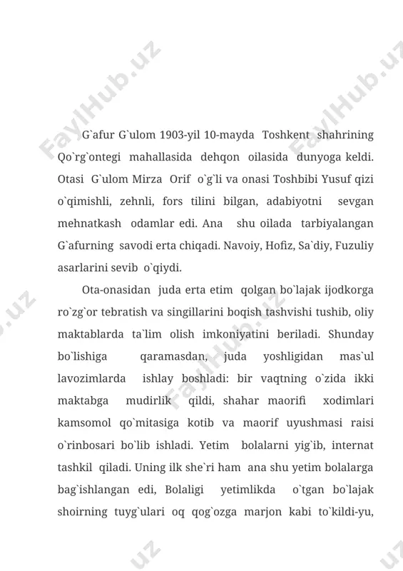 uriyat prezidenti tashabbusi bilan poytaxtdagi go`zal istirohat bog`laridan biri g`afur g`ulom nomi bilan ataladigan bo`ldi. bog`da shoirning muhtasham va salobatli haykali qad ko`tardi. g`afur g`ulom ijodida she`riyat alohida o`rin tutadi. she`riyatga bo`lgan havas bolalik yillaridayoq, shoirning o`zi xotirlashicha, uylarida tez-tez bo`lib o`tadigan she`riyat kechalarida uyg`ongan bo`lsa ajab emas. “uyimizda o`zbek shoirlari, hattotlaridan xislat, shomurod kotib va boshqalar kelib yurganini es-es bilaman farg`ona vodiysidan keladigan shoirlar: muqimiy, toshxo`ja asiriy, furqat, muhyi, va boshqalarning biznikiga kelganini aytadilar.” g`afur g`ulom she`rlarida firqa, siyosat, mafkura, tuzum va jamiyatning badiiy ijodga ta`siri, san`atkor dunyoqarashiga tazyiqi bilan izohlanuvchi cheklanish, kamchilik yo`q emas. lekin shoir asarlarining ijodiy yuzini, o`zligini, qadr-qimmatini bunday asarlar belgilamaydi. shoir she`riyati mazmunan boy va rang-barang. “vaqt” she`rida falsafiy ruh ustun bo`lsa, “kuzatish”, “sog`inish”, “g`oliblar bayrami” she`rlarida o`zining otalik to`yg`ulari, qalbidagi tahlika va iztiroblarni juda ta`sirli, tabiiy ifodalaydi. g`afur g`ulomning urushdan keyingi yillarga mansub “vaqt”, “yigitlarga”, “siyohdon”, “alisher”, “yoz”, “sharaf qo`lyozmasi”, “pol` robsonga”, “farg`ona …