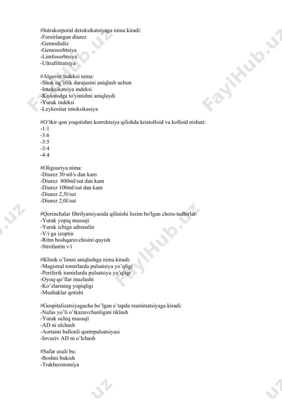 -gipertonik kriz #yuo’rda qanday dorilar qo’llaniladi: -adrenalin -pilokarpin gidrohlorid -ketamin -izoket -desmopressin #asistoliyada v\i ga yuboriladi: -atropin -ditillin -benzogeksoniy -aktovegin -riboksin #qorinchalar fibrilyatsiyada v\i ga yuboriladi: -adrenalin -magniy sul`fat -tobramitsin -linkomitsin -ketamin #yurak bilvosita massaji asoratlari: -qovurg’alar sinishi -siydik qopi jarohati -bosh miya jarohati -oshqozon perforatsiyasi -siydik qopi yorilishi #o’sv og’izdan-og’izga bajarilganda nima qilish kerak: -pastki chag’ni ko’tarish -burin ochiq bo’lishi kerak -boshni o’ngga burish -boshni chapga burish -qorinni bosib turish #so’v si uchun apparatlar: -drager fabius -defibrilyator -otsos -skalpel -skalpel #cho’kishda o’lim sababi: -nafas yo’liga suv kirishi -tahikardiya -oshqozonga suyuqlik kirishi -bradikardiya -anizokariya #qon aylanishni to’htashining intrakardial sabablari: -trasmural infarkt miokardi -qorinchalararo to’siq yorilishi -tahikardiya -yurak tamponadasi -peritonit #qorachiq kengayishi kuzatiladi: -klinik o’limda -ko’zga albutsid tomizganda -ko’zga dikain tomizganda -ad kutarilganda -anuriyada #qon aylanish to’htashini ekstrakardial sabablari: -gipoksiya -qorinchalararo to’siq yorilishi -astmatik statusda -miokard infarktida -stenokardiya #kussmaulya patologik nafas olish kuzatiladi: -diabetik koma -krupoz pnevmoniya -o’choqli pnevmoniya -astmada -meningitda …