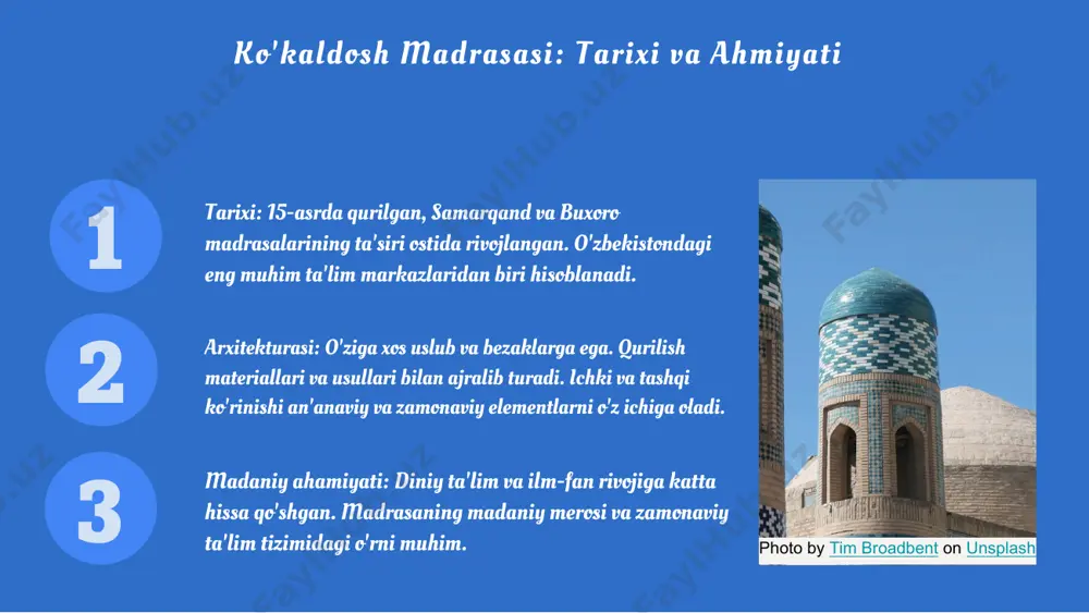 buxoro madrasalarining arxitekturasi va madaniy ahamiyati. o'zbekiston arxitektura va dizayn jurnali, 15(3), 45-60. 5. rahmonov, a. (2017). o'zbekiston madaniyatining zamonaviy rivojlanishi va madrasalarning o'rni. toshkent: yangi asr nashriyoti. e'tiboringiz uchun rahmat! image1.png image2.png image3.png image4.png image5.png image6.png image7.png image8.png image9.png image18.jpg image11.png image12.png image13.png image14.png image15.png image10.png image19.jpg image20.jpg image16.png image17.png