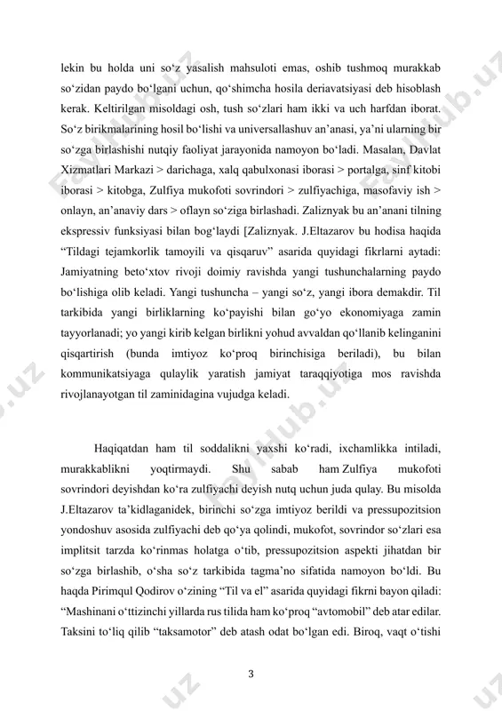 lq qabulxonasi iborasi > portalga, sinf kitobi iborasi > kitobga, zulfiya mukofoti sovrindori > zulfiyachiga, masofaviy ish > onlayn, an’anaviy dars > oflayn so‘ziga birlashadi. zaliznyak bu an’anani tilning ekspressiv funksiyasi bilan bog‘laydi [zaliznyak. j.eltazarov bu hodisa haqida “tildagi tejamkorlik tamoyili va qisqaruv” asarida quyidagi fikrlarni aytadi: jamiyatning beto‘xtov rivoji doimiy ravishda yangi tushunchalarning paydo bo‘lishiga olib keladi. yangi tushuncha – yangi so‘z, yangi ibora demakdir. til tarkibida yangi birliklarning ko‘payishi bilan go‘yo ekonomiyaga zamin tayyorlanadi; yo yangi kirib kelgan birlikni yohud avvaldan qo‘llanib kelinganini qisqartirish (bunda imtiyoz ko‘proq birinchisiga beriladi), bu bilan kommunikatsiyaga qulaylik yaratish jamiyat taraqqiyotiga mos ravishda rivojlanayotgan til zaminidagina vujudga keladi. haqiqatdan ham til soddalikni yaxshi ko‘radi, ixchamlikka intiladi, murakkablikni yoqtirmaydi. shu sabab ham zulfiya mukofoti sovrindori deyishdan ko‘ra zulfiyachi deyish nutq uchun juda qulay. bu misolda j.eltazarov ta’kidlaganidek, birinchi sо‘zga imtiyoz berildi va pressupozitsion yondoshuv asosida zulfiyachi deb qо‘ya qolindi, mukofot, sovrindor sо‘zlari esa implitsit …