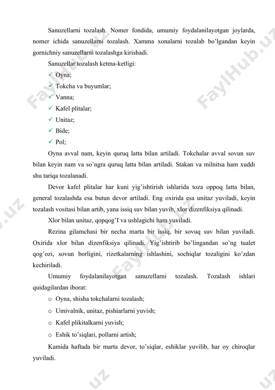 mehmonxona karavotlari va matraslari. agar mehmonxona egasi o’z mehmonlari oromoni istab, ularga eng yaxshi sharoit yaratib berishini istasa, mehmonxonadagi karavotlarning sifatiga e’tibor beradi. mehmonxonadagi standart karavotlar quidagi detal va predmetlardan tashkil topadi: · karavot korpusi; · matrasning tirgagi yoki reykali panjara; · matraslar uchun qoplama; · parto’shak-choyshab, bosh va bo’yin uchun yostiq; mehmonxona karavotlarini sotib olishdan oldin mutaxassis bilan maslahatlashish lozim. karavotlar yotishga qulay bo’lishi zarur. karavot korpusi. bu matras tirgagi uchun rom yoki matraslar uchun mo’ljallangan reykalardan qalin panjara bo’lib, u unda yotadigan gardish vazifasini bajaradi. u ko’pincha yog’ochdan yasaladi. ba’zi hollarda metal yoki sun’iy materiallaridan tayyarlanadi. karavotlarning oyoqlariga roliklar yoki sirg’aluvchi oyoqcha o’rnatilgan bo’ladi, bu hol xodima ishini yengillashtiradi. karavot korpuslarining hajmlari tegishli matras standartlariga mos holda bo’ladi. bir o’rinli matraslar quidagi hajmlarda bo’ladi: 0,90m×1,90m yoki 1,00m×2,00m ikki o’rinli matraslar hajmlari quidagicha: 1,30m×2,00m ikki o’rinli karavot 1,50m×2,00m malika karavoti 1,60m×1,90m fransuzcha karavot 1,80m/2,00m×2,00m king size bed (qirol to’shagi) …
