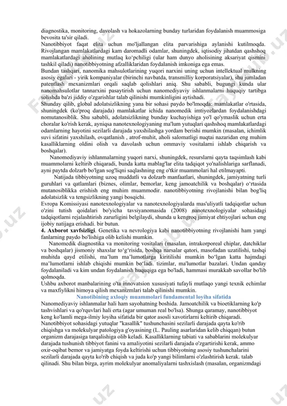 global miqyosda o‘zgartirishi, hayotni sezilarli darajada uzaytirishga hissa qo‘shishi, o‘ta o‘ziga xos, individuallashtirilgan dori vositalarini yaratishi, bemorlarning hayot sifatini yaxshilashi, bemorlarning hayot sifatini sezilarli darajada kamaytirishi kutilmoqda. davolashning yon ta'siri va tibbiy xatolar ehtimoli. nanomtibbiyot keng miqyosli ilmiy-texnik loyiha sifatida tibbiyot fanini va amaliyotini inqilob qilishi, umuman tibbiyotning yangi davrini yaratishi kerak. robert freitasning "nanomedicine kelajagi" kitobidan[footnoteref:3]: [3: url: http://www.wfs.org/dec09-jan10/freitas.htm (kirish 15/09/2015).] “nanomtibbiyotning yakuniy vositasi bu tibbiy nanorobot, ya'ni. molekulyar o'lchamdagi ko'plab mexanik qismlardan, ehtimol olmosga o'xshash materiallardan yasalgan makroskopik drayvlar, tishli mexanizmlar, tishlar va boshqalarning o'ziga xos analogidan iborat bo'lgan bakteriya o'lchamidagi robot. nanorobotga narsalarni harakatlantirish uchun motorlar, shuningdek, manipulyatsiya uchun "qo'llar" va harakatlanish uchun "oyoqlar" kerak bo'ladi. unga doimiy energiya manbai, shuningdek, harakatlarini boshqarish uchun sensorlar va mikrokompyuter kerak bo'ladi. biroq, an'anaviy robotdan farqli o'laroq, nanorobot juda kichik bo'ladi. qon oqimi orqali yura oladigan nanorobot inson qizil qon tanachalaridan kichikroq bo'lishi kerak - u inson tanasidagi eng kichik …