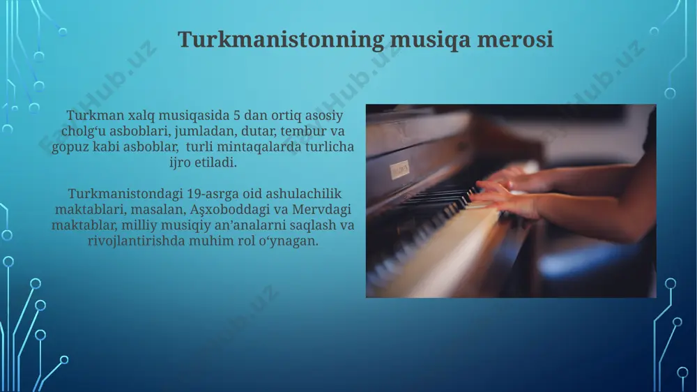 ahon musiqasining 1000 dan ortiq asarlarini ijro etgan. afg'onistonning an'anaviy musiqasi afgʻonistonning anʼanaviy musiqasida, ayniqsa, togʻli hududlarda, 12 ta asosiy modal tizimlar ishlatiladi, bu esa musiqaning xilma-xilligini va boyligini aks ettiradi. afgʻonistonning janubiy qismlarida, qandahor kabi shaharlarda, musiqa koʻpincha 3-4 nafar xalq qoʻshiqchilari tomonidan kuylanadi va ularning qoʻshiqlari mahalliy afsonalar va tarixga boy. tojikistonning musiqiy boyligi tojikistonning janubiy hududlarida, xususan, pomir togʻlarida yashovchi qabilalarning an’anaviy musiqasi 50 dan ortiq turli cholgʻu asboblarini, jumladan, dutar va tanbur kabi torli cholgʻularni oʻz ichiga oladi. tojikiston milliy orkestrining repertuarida 100 dan ortiq an'anaviy va zamonaviy kompozitsiyalar mavjud bo'lib, ular mamlakatning turli mintaqalari, jumladan, xujand va duşanbedagi musiqiy an'analarini aks ettiradi. nepalning musiqa madaniyati kathmandu vodiysi, pokhara va bhaktapur kabi shaharlarda klassik nepali musiqasi, shuningdek, 20-asrning oxiridan boshlab zamonaviy janrlar, masalan, pop va rok, rivoj topgan. nepalning togʻli hududlarida, 3000 metrdan yuqori balandliklarda, sherpa va gurung xalqlari oʻzlarining noyob qoʻshiq va raqslarini saqlab qolgan …