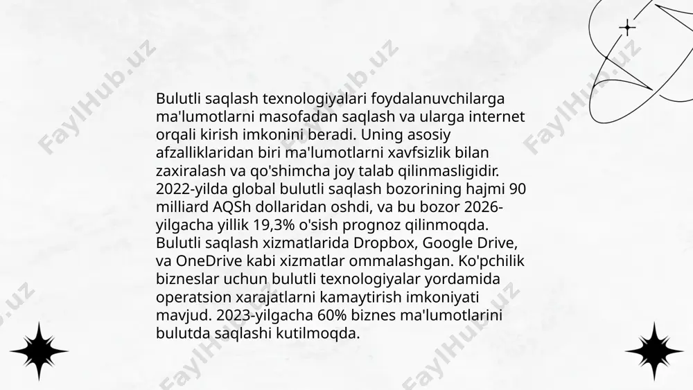 ulutli tahliliy xizmatlar bozor hajmi taxminan 40 milliard dollarga yetgan. bulutli infratuzilmada ma'lumotlarni qayta ishlash 60% tezroq amalga oshirilishi va xarajatlarni 50% ga kamaytirishi mumkin. 85% korxonalar katta ma'lumotlarni tahlil qilishda bulutli yechimlardan foydalanishga mo'ljallangan. ... t.me/slaydai_bot bulutli xizmatlar uchun to'lov modellaridan biri — "foydalanish asosida pul to'lash" (pay-as-you-go). bu modelda foydalanuvchilar foydalanilgan resurslar hajmiga qarab haq to'laydilar, masalan, saqlash joyi yoki ishlov berilgan ma'lumotlar miqdori uchun. keyingi model — "obuna asosida to'lov" bo'lib, bu holda foydalanuvchilar oyiga yoki yiliga belgilangan miqdorni to'laydi. boshqa model, "reja asosida to'lov", oldindan aniqlangan resurslarga mos keladigan qat'iy tariflarni o'z ichiga oladi. masalan, google cloud va aws bulutli xizmatlari ushbu to'lov modellarini taklif etib, foydalanuvchilarga xarajatlarni boshqarish imkoniyatini beradi. ... t.me/slaydai_bot 10. bulutli hisoblashda himoyalanmagan ma'lumotlar bulutli hisoblashda himoyalanmagan ma'lumotlar xavfi sezilarli darajada oshib bormoqda. hisob-kitoblarga ko'ra, dunyo bo'ylab tashkilotlarning 70 foizi himoyalanmagan ma'lumotlardan aziyat chekadi. 2022 yilda, global miqyosda 20% kompaniyalar o'zlarining eng …