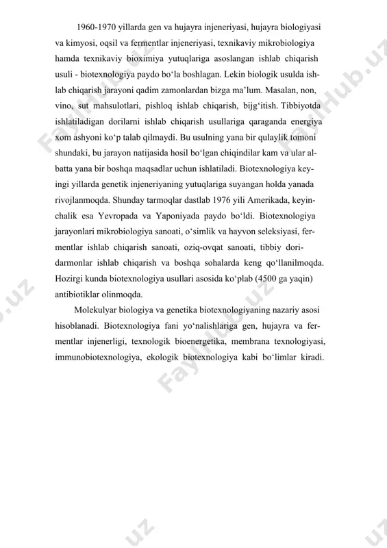 dolzarb muammolar hal qilinmo- qda. jumladan veterinariya sohasida yangi preparatlar olish, toza gar- monlar olish va ularni ishlatish texnologiyalari ishlab chiqilmoqda. suv havzalari, tup-roqni, havoni biotexnologik ob’ektlar va uslublar yor- damida tozalash muammosi hal qilinmoqda. yangi genetik usullarning paydo bo‘lishi bilan irsiyatni organizm darajasida qayta tuzish imkoniyati tug‘ildi. yadrosiz tuxum hujayraga shu organizmning somatik hujayra yadrosini ko‘chirib o‘tkazish bilan genotipi bir xil bo‘lgan organizmlarni olish mumkin. agar shu usulni sut emizuvchilarda o‘tkazilsa, juda katta amaliy foydaga erishish mumkin. chunki qoramollar, qo‘ylar va boshqa qishloq xo‘jalik hayvonlari ora- sida sersut, seryog‘, serjun, go‘shtdorlari uchraydi. jinsiy ko‘payishda bu yaxshi belgilar yuzaga chiqmasligi mumkin. keyingi paytlarda jahon bo‘yicha gen injenerligiga yoki boshqacha aytganda rekombinant dnk olish texnologiyasiga katta e’tibor berilmo- qda va shu bilan biotexnologiya fanining hozirgi zamon yo‘nalishiga asos solinmoqda. ma’lumki, dnk molekulasi ikkita zanjirli bo‘lib, ularning har birida nukleotdlar galma-gal joylashgan. irsiy belgilar to‘g‘risida axborot shularda saqlangani uchun, ularning irsiylanishi fanda …