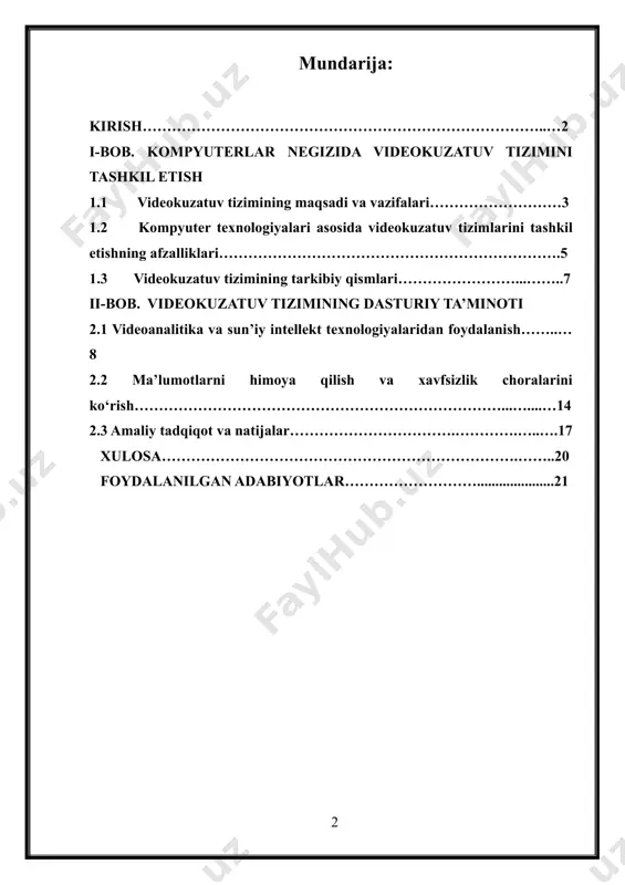 k va monitoring sohasidagi ahamiyati ham ko‘rib chiqiladi. ushbu tadqiqot orqali kompyuter asosida videokuzatuv tizimlarini samarali tashkil etish bo‘yicha amaliy tavsiyalar beriladi. i-bob. kompyuterlar negizida videokuzatuv tizimini tashkil etish 1.1 videokuzatuv tizimining maqsadi va vazifalari videokuzatuv tizimining mohiyati va ahamiyati videokuzatuv tizimlari xavfsizlikni ta’minlash, obyektlarni monitoring qilish va biznes jarayonlarni optimallashtirish uchun keng qo‘llaniladi. ushbu tizimlarni tashkil etishda zamonaviy kompyuter texnologiyalaridan foydalanish samaradorlikni oshirishga yordam beradi. kompyuter asosida videokuzatuv tizimini yaratish bosqichlari: · talab va maqsadlarni aniqlash. · tizimdan foydalanish sohasi (uy, ofis, ombor, ishlab chiqarish) · nechta kamera kerakligi va ularning joylashuvi. · real vaqt rejimidagi kuzatuv yoki yozib olish funksiyasi · masofaviy kirish imkoniyati. kerakli texnik va dasturiy ta’minot tanlash: · videokameralar · ip-kameralar (tarmoqqa ulanadi, mustaqil ishlaydi) · analog kameralar (dvr orqali ishlaydi) · harakat sensorli kameralar server va kompyuter jihozlari: · katta xotiraga ega qattiq disk (hdd yoki ssd) · kuchsiz bo‘lmagan protsessor (intel i5/i7 yoki …