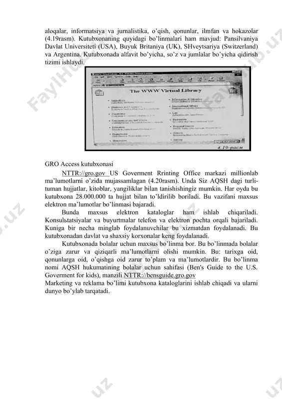 alanuvchilar bu xizmatdan foydalanadi. bu kutubxonadan davlat va shaxsiy korxonalar keng foydalanadi. kutubxonada bolalar uchun maxsus bo’linma bor. bu bo’linmada bolalar o’ziga zarur va qiziqarli ma’lumotlarni olishi mumkin. bu: tarixga oid, qonunlarga oid, o’qishga oid zarur to’plam va ma’lumotlardir. bu bo’linma nomi aqsh hukumatining bolalar uchun sahifasi (ben's guide to the u.s. goverment for kids), manzili nttr://bensguide.gro.gov marketing va reklama bo’limi kutubxona kataloglarini ishlab chiqadi va ularni dunyo bo’ylab tarqatadi. nttr://vcu.librarv.edu virginia commonwealth university elektron kutubxonasi (4.21­rasm). bu kutubxona universitetning elektron kutubxonasidir. bu kutubxona o’zida ko’pgina kitob, maqolalar, jurnallar, audio va video ma’lumotlarni mujassamlagan. kutubxona barcha konferentsiyalar, anjuman va ma’ruzalar haqidagi ma’lumotlarni muntazam e’lon qilib turadi. www.library.wustl.edu vashington universiteti virtual kutubxonasi ushbu kutubxonada quyidagi mavzulardagi ma’lumotlar mavjud: san’at va arxitektura, biologiya, biznes, kimyo, ilm­fan, tibbiyot, qonunlar, matematika va hokazolar. kutubxona qidirish tizimi mavjud. kutubxona ma’lumotlarga buyurtmalar qabul qiladi. rossiya milliy elektron kutubxonasi nttr://www.nns.ru dunyodagi eng yirik rus tilidagi ommaviy informatsiya …