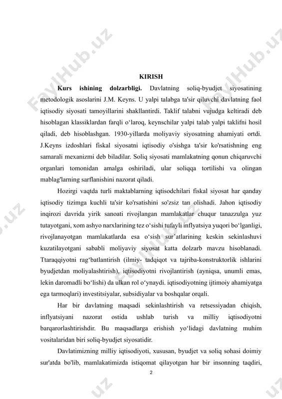 yuqori bo‘lganligi, rivojlanayotgan mamlakatlarda esa o‘sish sur’atlarining keskin sekinlashuvi kuzatilayotgani sababli moliyaviy siyosat katta dolzarb mavzu hisoblanadi. ttaraqqiyotni ragʻbatlantirish (ilmiy- tadqiqot va tajriba-konstruktorlik ishlarini byudjetdan moliyalashtirish), iqtisodiyotni rivojlantirish (ayniqsa, unumli emas, lekin daromadli boʻlishi) da ulkan rol oʻynaydi. iqtisodiyotning ijtimoiy ahamiyatga ega tarmoqlari) investitsiyalar, subsidiyalar va boshqalar orqali. har bir davlatning maqsadi sekinlashtirish va retsessiyadan chiqish, inflyatsiyani nazorat ostida ushlab turish va milliy iqtisodiyotni barqarorlashtirishdir. bu maqsadlarga erishish yo‘lidagi davlatning muhim vositalaridan biri soliq-byudjet siyosatidir. davlatimizning milliy iqtisodiyoti, xususan, byudjet va soliq sohasi doimiy sur'atda bo'lib, mamlakatimizda istiqomat qilayotgan har bir insonning taqdiri, umuman, butun mamlakat taqdiri hukumat tomonidan bu boradagi ishlarni qanchalik malakali amalga oshirishiga bog'liq. fiskal siyosat. har bir hukumat buni tushunadimi yoki yo'qmi, har doim qandaydir moliyaviy siyosatga ega. haqiqiy savol bu siyosat konstruktiv bo'ladimi yoki ongsiz va nomuvofiq bo'ladimi. shu bois hukumat shunday yo‘nalishda harakat qilishi kerakki, ortiqcha davlat xarajatlarini to‘xtatib, tadbirkorlik sub’yektlarining soliqqa tortilishini minimallashtirib, …