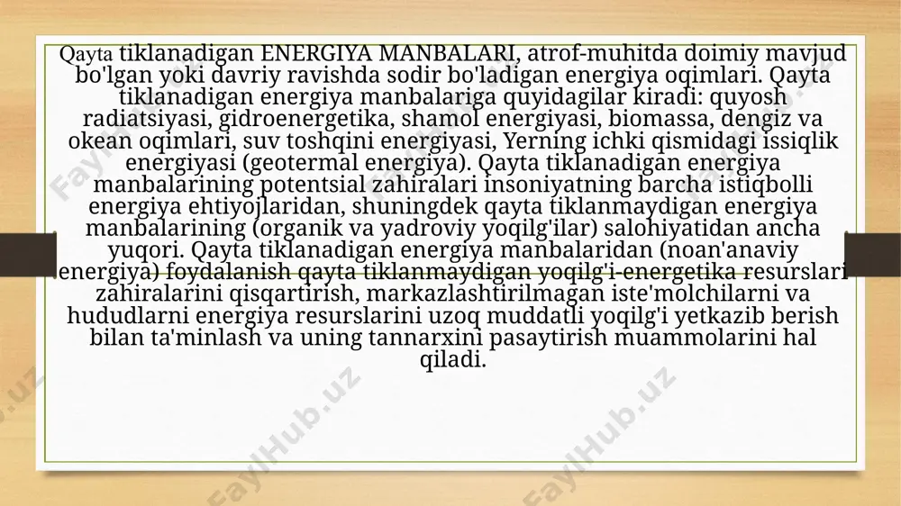 r energiyasiga aylantirish yoʻli bilan elektr energiyasi ishlab chiqarish uchun foydalanish mumkin (yana q. quyosh muhandisligi, quyosh elektr stansiyasi). gidroenergetika manbalari, agar sayyoramizning barcha asosiy daryolari to'sib qo'yilgan bo'lsa, olinishi mumkin bo'lgan energiya miqdorini taxmin qiladi, bu 9802 milliard kvt soatga to'g'ri keladi, shu jumladan 852 milliard kvt soat (jahon zahiralarining taxminan 8,7%) rossiyaning gidroenergetika resurslarining iqtisodiy salohiyati. xitoy, rossiya, aqsh va braziliya eng katta gidroenergetika zaxiralariga ega. rossiyada asosiy gidroenergetika resurslari (taxminan 80%) sibir va uzoq sharqning siyrak aholi punktlarida joylashgan (taxminan 10% o'zlashtirilgan). shu sababli, bu hududlarda yirik gidroelektrostantsiyalarni yaratish iqtisodiy va ekologik nuqtai nazardan asossiz ko'rinadi (bu tayganing keng maydonlarini suv bosishiga olib keladi). 10-5860 kvt quvvatga ega zamonaviy gidroelektr bloklarini ishlab chiqarish rossiyada kichik gidroelektrostantsiyalarni qurishni qayta tiklash imkonini beradi. kichik gidroenergetikadan foydalanishning iqtisodiy salohiyati 125 mln. (2003 yilga kelib quvvati 1,5 dan 50 kvt gacha boʻlgan 50 ga yaqin mikro ges mavjud) (qarang gidroenergetika ). …