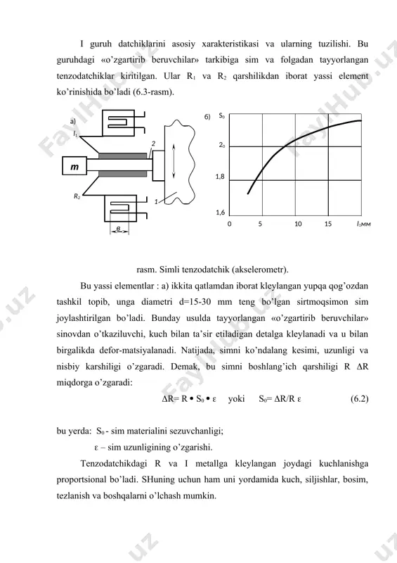hka (3) 400 ta cho’lg’amdan iborat bo’lib, diametri d=0,1 mm bo’lgan pel simidan tayyorlanadi. induktiv datchiklarda kichik qismdan iborat chiziqli xarakteristikadagi – ishchi qism (4 (6.4,b - rasm) ega. agar (=0 bo’lsa, sistemada qoldiq tok i0 bor bo’ladi. shuning uchun ham, sistemada (n boshlang’ich zazor bor bo’lsa, tadqiqotlarda buni hisobga olib chiziqli xarakteristikani (((a=(( koordinata sistemasida) qurish shundan boshlanadi. ferromagnitlarning tarkibi mexanik kuchlanish ta’sirida o’zini magnit o’tkazuvchanligini o’zgartirish qobiliyatiga ega. ularning bu tabiati magnitoelastik induktiv datchiklarni tayyorlashga imkon yaratadi. bu datchiklar asosan raqam dasturi bilan boshqariluvchi (rdb) texnologik tizimlarda, kichik siljishlar ta’sirida hosil bo’ladigan burovchi momentlarni o’lchash uchun qo’llaniladi. datchiklarni ulash sxemasi. birinchi guruhdagi datchiklarning sezuvchanligini oshirish maqsadda ko’priksimon sxema bilan ulanadi (6.5-rasm). datchiklar o’z qarshiliklarini kiruvchi parametrlar hisobiga o’zgartirsa, ular aktiv (+ri, -ri) va agar ular qarshiligini o’zgartirmasa –passiv (r0) deb nomlanadi. rasm. ko’priksimon ko’rinishda yig’ilgan ferritli o’zakdan iborat datchiklarning eksperimental sxemasi: a) bitta aktiv datchikli ri; b) ikkti …