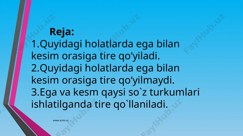 iga qaramay, egadan keyin tire qo‘yilishi mumkin: adabiyot – hayotning in’ikosidir. www.arxiv.uz www.arxiv.uz tire tire quyidagi o’rinlarda qo’yiladi: 1. ot, son, olmosh va harakat nomi bilan ifodalanib, kesim bilan bog’lamasiz birikkan ega va kesim orasiga: o’zbekistonning poytaxti - toshkent. ikki o’n besh - bir o’ttiz. o’qish - hayotni uqish. www.arxiv.uz www.arxiv.uz 2.uyushiq bo’laklardan so’ng kelgan umumlashtiruvchi so’zdan oldin: akam, opam va singlim - barchasi meni kutib o’tirishgan ekan. 3.ajratilgan bo’lak bilan izohlanmish bo’lak orasiga: men - valiyev mahmud, 1954 yilda toshkentda tug’ilganman. www.arxiv.uz www.arxiv.uz 4.kirish gap bilan gap bo’lakl;ari orasiga: tunov kungi ovchi - men uni o’rmonda uchratib qoldim - menga qiziq bir voqeani so’zlab berdi. 5.muallif gapi bilan ko’chirma gap orasida: -bugun kelasizmi? - so’radi qizi. 6.dialog tipidagi ko’chirma gaplarda: -keldimi? - keldi. 7.kutilmagan voqea-hodisalarni ifodalagan gaplardan oldin: kecha sizlarnikiga brogan edim - asqarjon kelibdi! 8.zid ma’noli bog’lovchisiz qo’shma gaplar orasida: jismimiz yo’qolur - o’chmas nomimiz. www.arxiv.uz www.arxiv.uz www.arxiv.uz …