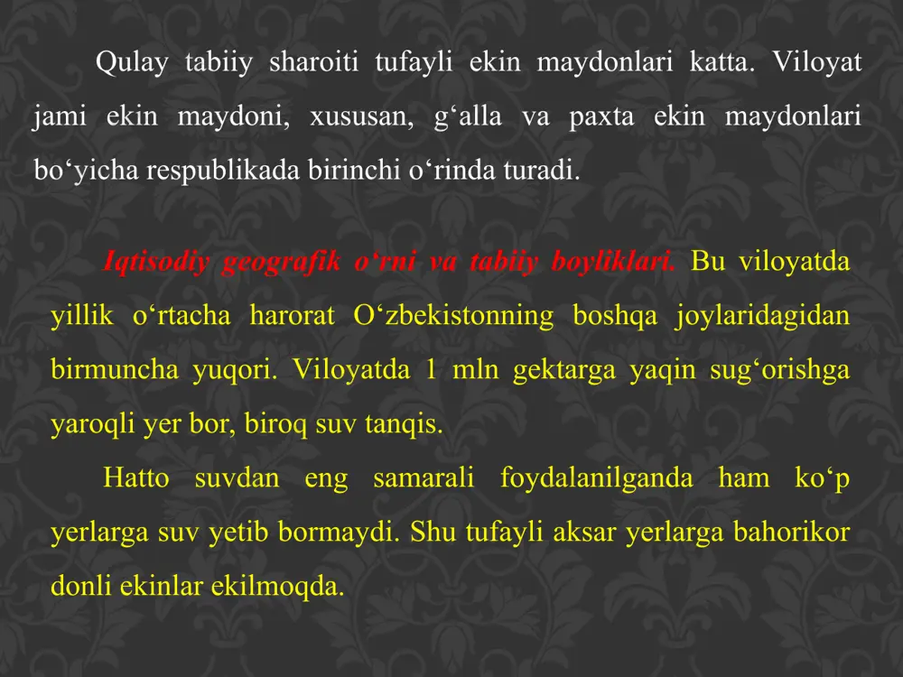 inokorlik materiallari kombinati kabi korxonalar qurilib, qarshi sanoat tuguniga aylandi. cho‘lni o‘zlashtirishda qarshi tayanch manzil hisoblanadi. temiryo‘l va avto mobil yo‘llari qarshida birlashadi. bu hol nishon, talimarjon, koson kabi shahar va shaharchalarning ishlab chiqarish aloqalarini rivojlantiradi. shaharda qarshi davlat universiteti, qarshi muhandislik-iqtisodiyot instituti, toshkent axborot texnologiyalar universitetining qarshi filiali va boshqa ta’lim muassasalari bor. shahrisabz. shahar azaldan hunarmand chilik ning yirik markazi bo‘lib kelgan. shahrisabzning gilam do‘ppisi parij ko‘rgazmasida yuqori baholangan. paxta tozalash zavodi shahardagi yirik korxonalardan hisoblanadi. shahrisabz buyuk jahongir amir temur tug‘ilgan yurt. shahar qiyofasida qadimiy me’morchilik obidalari, shu jumladan, oqsaroy yodgorligi ko‘zga yaqqol tashlanadi.