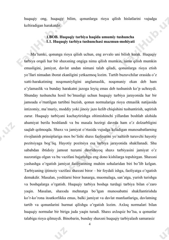 vazifani bajarishga eng dono kishilarga topshirgan. shaxsni yashashga o’rgatish jamiyat faoliyatining muhim sohalaridan biri bo’lib kelgan. tarbiyaning ijtimoiy vazifasi shaxsni biror – bir foydali ishga, faoliyatga o’rgatish demakdir. masalan, yoshlarni biror hunarga, muomalaga, san’atga, yurish turishga va boshqalarga o’rgatish. huquqiy tarbiya boshqa turdagi tarbiya bilan o’zaro yaqin. masalan, shaxsda mehnatga bo’lgan munosabatni shakllantirishda ko’r-ko’rona itoatkorlikka emas, balki jamiyat va davlat manfaatlariga, davlatning tartib va qonunlarini hurmat qilishga o’rgatish lozim. axloq normalari bilan huquqiy normalar bir biriga juda yaqin turadi. shaxs axloqsiz bo’lsa, u qonunlar talabiga rioya qilmaydi. binobarin, bunday shaxsni huquqiy tarbiyalash samarasiz bo’ladi, hatto jazo choralarini ham to’g’ri yo’lga solish qiyin. huquqiy tarbiya tizimi uch tarkibiy qismdan tashkil topadi: · davlat belgilangan qonun-qoidalarini o’qitish; · ularni jamiyat a’zolari o’rtasida tashviqot qilish; · o’quvchi yoshlarni qonun-qoidalar ijrosida bevosita ishtirok etishga o’rgatish. huquq normalarini o’qitish deyilganda davlat organlari tomonidan tasdiqlangan dastur asosida shaxsga bilim berish tushuniladi. yuridik bilim berish umumiy va …