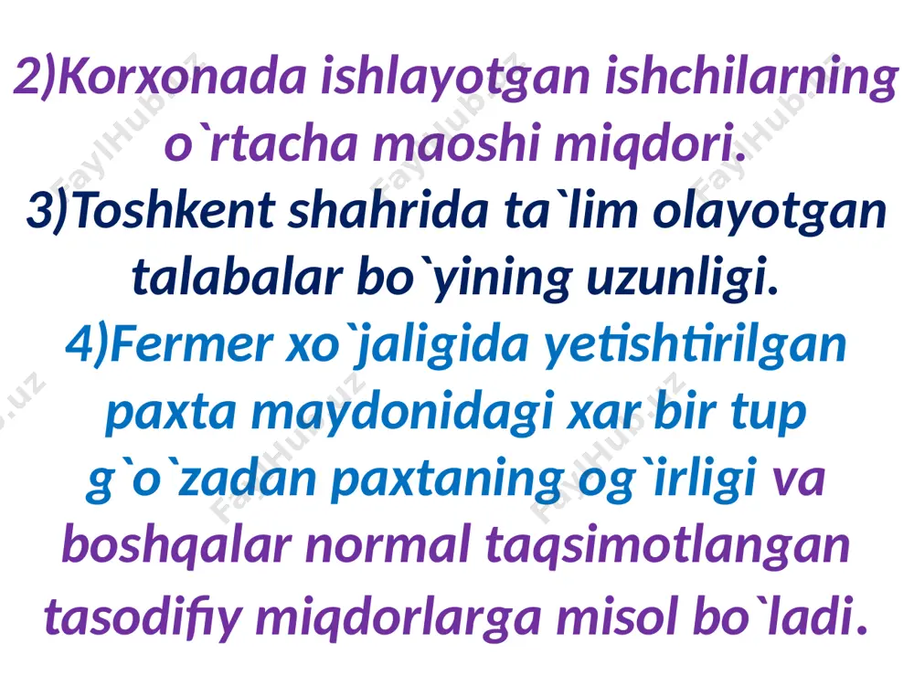 a s₁₀₀=x₁+x₂+…+xₙ ehtimollar nazariyasini mlt asosan s₁₀₀²ni normal taqsimlangan tm deb olish mumkin. bu yerda m(s₁₀₀)²=45=4,5 d(s₁₀₀)=і)=100∙5²=2500 (s₁₀₀)=d(s₁₀₀)=2500=50kg=0,5t. -100 ga yerga ketadigan urug’ miq- dori bo’lsin. ² d(s₁₀₀) ==100∙5²=2500 s₁₀₀) =d(s₁₀₀)==50=0,05 𝛃-orqali 100 gektar yerga ketadigan urug’ miqdorini belgilaymiz. u holda misol shartiga ko’ra p(𝛃)=0,97 va n=100 katta son bo’lgani uchun s₁₀₀ tasodifiy miqdorni n(4,5;0,05) parametrli normal taqsimlangan ta- sodifiy miqdor deb qarash mumkin. u holda p[𝜶) -ф() formulaga ko’ra p[-∞𝛃])+ф(∞)=0,97⇾ф(∞)=0,5 bo’lgani uchun ф()=0,47⇾ =1,88⇾𝛃=4,5+1,88∙0,05= 𝛃=4,5+0,094=4,594 𝛃=4,594t=4594kg demak, 100 gektar yerni 97 gekta- riga ketadigan chigit miqdori 4594kg ga teng bo’lar ekan. mavzuga doir mustaqil ish. 1-misol. ushbu taqsimot qonun bilan berilgan: bu ketma-ketlik uchun mlt o’rinlimi? - 0 2-misol. shahar aholisining kundalik non iste’moli dtm bo’lib, ushbu taqsimot qonunga ega: 2 0,3 4 0,4 6 0,3 shaharda 14ta tuman bo’lib, jami kundalik non iste’moli uchun mlt o’rinli ekanligi tasdiqlansa, shahar aholisi uchun bir kunda ketadigan o’rtacha non miqdori aniqlansin? …