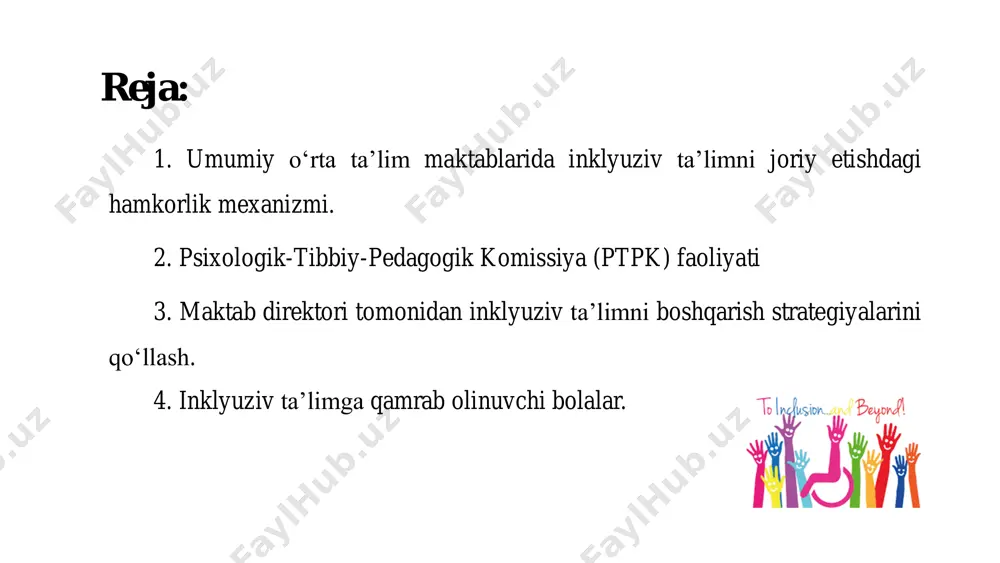 ish va ta’lim jarayonini yaxshilashga yordam beradi. 2 uchrashuvlar, seminarlar va maslahatlar orqali ota- onalar inklyuziv ta’lim haqida ma’lumot oladilar. 3 oila va maktab o‘rtasidagi hamkorlik bolaning ta’limida muvaffaqiyatga erishishga yordam beradi. https://gamma.app/?utm_source=made-with-gamma preencoded.png muntazam muloqotning shakllari uchrashuvlar o‘qituvchilar ota-onalar bilan bolaning o‘quv yutuqlari va qiyinchiliklari haqida muhokama qiladilar. seminarlar ota-onalar inklyuziv ta’lim haqida ma’lumot oladilar va qo‘llab-quvvatlash usullarini o‘rganadilar. maslahatlar o‘qituvchilar ota-onalarga bolaning ta’limi bilan bog‘liq savollarga javob beradilar. https://gamma.app/?utm_source=made-with-gamma preencoded.png muntazam muloqotning qiyinchiliklari vaqt yetishmasligi 1 aloqa qilish usullarining turlicha bo‘lishi2 oila va maktab o‘rtasidagi ishonchsizlik3 https://gamma.app/?utm_source=made-with-gamma preencoded.png muntazam muloqotni yaxshilash usullari 1 ochiq va samimiy muloqot 2 muntazam uchrashuvlar va seminarlarni tashkil qilish 3 ota-onalarni o‘quv jarayoniga jalb qilish 4 oila va maktab o‘rtasidagi ishonchni mustahkamlash https://gamma.app/?utm_source=made-with-gamma preencoded.png xulosa umumiy o‘rta ta’lim maktablarida inklyuziv ta’limni samarali joriy etish uchun turli darajadagi tashkilotlar, oila, jamoatchilik va mutaxassislar o‘rtasidagi hamkorlikni ta’minlash zarur. muntazam muloqot, oila va maktab o‘rtasidagi ishonchni …