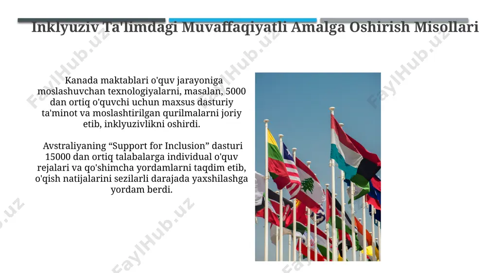 loyihasini ishlab chiqish va qabul qilish ko'zda tutilgan. inklyuziv ta'limni rivojlantirish uchun 2025-yilgacha 5 ta milliy dasturni ishlab chiqish va ularning ijrosini monitoring qilish tizimini yaratish zarur. bolalar huquqlari konventsiyasi va inklyuziv ta'lim bhxkning 6-moddasiga ko'ra, davlatlar bolalarning rivojlanishi uchun zarur bo'lgan barcha choralarni ko'rishlari kerak, bu esa inklyuziv ta'lim tizimlarini rivojlantirishni ham o'z ichiga oladi va bu bolaning yoshiga moslashtirilgan bo'lishi kerak. bolalar huquqlari konventsiyasi (bhxk)ning 28-moddasi ta'limga kirish huquqini kafolatlaydi, bu yerda inklyuziv ta'lim tamoyillari muhim ahamiyat kasb etadi va barcha bolalar uchun teng imkoniyatlarni ta'minlashga qaratilgan. inklyuziv ta'limning asosiy tamoyillari inklyuziv ta'limda differensiatsiya va individualizatsiya yondashuvlari qoʻllaniladi, bu esa 30 dan ortiq oʻquv uslublarini va oʻquv materiallarining turli shakllarini oʻz ichiga oladi. inklyuziv ta'lim muhitini yaratishda hamkorlik muhim ahamiyatga ega boʻlib, oʻqituvchilar, ota-onalar va 5 tadan ortiq mutaxassislar jamoasi birgalikda ishlaydi. inklyuziv ta'limni baholash va monitoring monitoring jarayonida inklyuziv sinflarning jismoniy infrastrukturasi va resurslarining (masalan, 10 dan …