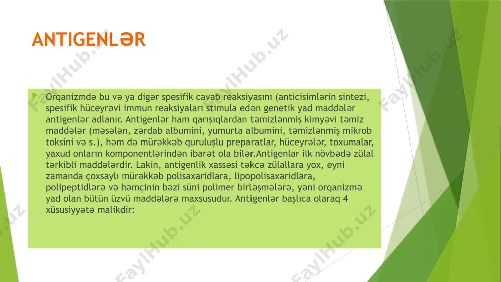 kibində onun antigenliyini təmin edən antigen determinantları, yaxud epitoplar adlandırılan kiçik kimyəvi strukturlar vardır. bunlar anticisimlərin sintezini induksiya edir və onlarla birləşirlər. i̇mmunogenlik antigenin immunitet amala goturmak (formalaşdırmaq) qabiliyyətidir. i̇mmunogenlik dərəcəsi bir sira amillərdən antigenin molekulyar quruluşundan va makroorqanizmin reaktivliyindən asılıdır. antigenin orqanizmə daxil olma və onun kənarlaşdırılması dinamikası onun immunogenliyində mühüm rol oynayır. i̇mmun cavabin intensivliyinin antigenin yeridilmə üsulundan asılı olması yaxşı məlumdur. bu xüsusiyyət vaksinasiya və immunizasiyada nəzərə alınır, bəzi vaksinlər dəri altına, bəziləri əzələ daxilinə, digərləri isə peroral yolla tayin edilir. antigenin miqdarı da immun cavaba təsir edir: o, nə qədər çoxdursa, immun cavab da bir o qədər yüksək olur. lakin antigenin həddən artıq böyük dozası əks reaksiya immunoloji tolerantlıq törədir antigenlik immunogenlik anlayışları arasında fərqlər mövcuddur. məsələn, bakterial dizenteriyanın törədiciləri yüksək antigenliyə malikdir, lakin onların vasitəsilə bu xəstəliyə qarşı kifayət qədər immunitet formalaşmır, haptenlər, yaxud yarım antigenlər kifayət qədər antigenliyə malik olsalar da, immunogenliyə malik deyillər. …