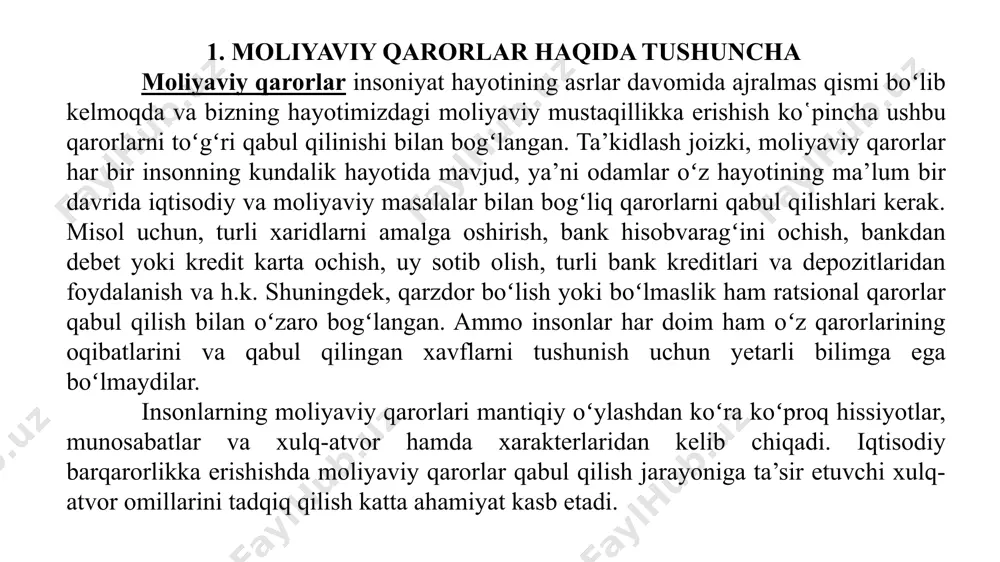 htiradi). bu mablag‘larning umumiy nomi bor. ular aktivlar nomini olgan. iqtisodiy qiymatga ega bo‘lgan barcha narsalar aktivlar deyiladi. uy xo‘jaliklarining o‘zlari to‘plagan mablag‘larni sarflash borasida qaror qabul qilish jarayoni xususiy investitsiyalash yoki pul mablag‘larini turli aktivlar turlari o‘rtasida taqsimlash deb ataladi. xususiy uy sotib olish bilan bir qatorda odamlar ko‘pincha o‘z mablag‘larini moliyaviy aktivlarga, masalan aksiya yoki obligatsiyalarga tikadilar. agar odam pul qarz olsa, u o‘zida yuzaga kelgan qarz majburiyati bilan bog‘liq ma’lum javobgarlikni o‘z zimmasiga oladi. boshqacha qilib aytganda, unda qarz paydo bo‘ladi. uy xo‘jaligi boyligi yoki mulkining sof bahosi uning mulki bahosidan uning qarz majburiyatlari summasini ayirish orqali aniqlanadi. 3. xo’jalik yurituvchi subyektlar tomonidan qabul qilinadigan moliyaviy qarorlar firmalar darajasida moliyaviy qarorlar qabul qilish masalalari bilan shug‘ullanadigan moliya sohasi korxonalar moliyasi yoki korporativ moliya deb ataladi. tovar ishlab chiqarish yoki xizmat ko‘rsatish uchun har qanday firma, hajmidan qat’iy nazar kapitalga ega bo‘lishi kerak. bino, inshoot, mashina uskunalari va …