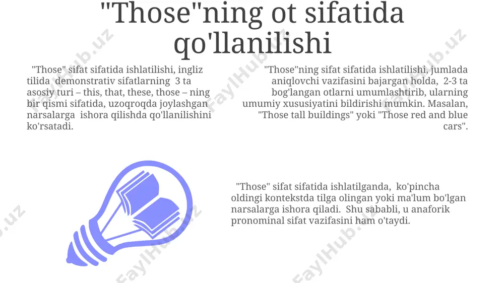 lan, "those are apples." jumlasida "those" predikat vazifasini bajaradi. "that"ning sifat sifatida qo'llanilishi ingliz tilida "that" olmoshi sifat vazifasida 3 ta asosiy holatda qo'llaniladi: uzoqdagi narsalarni, oldin tilga olingan narsalarni va taqqoslashda ishlatiladi. bu holda, u ko'pincha demonstrativ olmosh hisoblanadi. "that" olmoshi sifat vazifasida qo'llanilganda, u predmet yoki shaxsga tegishli bo'lgan xususiyatni bildirishi mumkin, ya'ni biror bir xususiyatni ta'kidlash uchun ishlatiladi, masalan "that beautiful dress" jumlasida "that" so'zi "beautiful" sifati bilan birgalikda ishlatilgan. "that" olmoshi sifat vazifasida ishlatilganda, u aniq bir narsani yoki guruhni boshqa shunga o'xshash narsalardan ajratib ko'rsatadi, masalan, "men ko'rgan uylardan anavi eng kattasi edi" jumlasida "ana vi" so'zi sifat vazifasida qo'llanilgan. e'tiboringiz uchun rahmat @taqdimot_robot image1.jpeg image2.jpeg image3.jpeg
