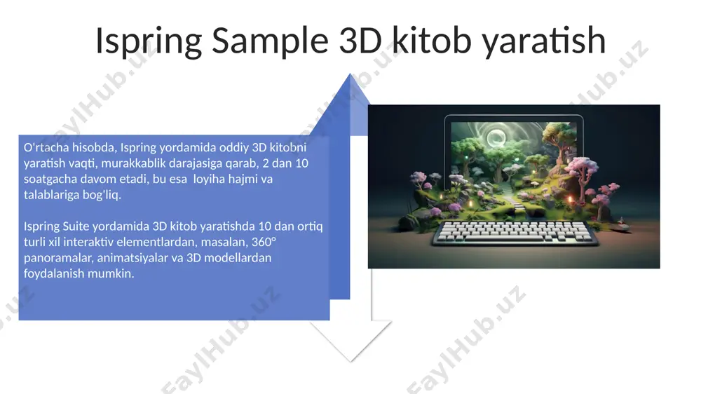 ta xavfsizlik protokoli qo'llaniladi. ispring suite'dagi xavfsizlik sozlamalari sizga 3 ta turli darajadagi kirish huquqlarini (administrator, muallif, o'quvchi) belgilash imkonini beradi, bu esa ma'lumotlarning xavfsizligini ta'minlaydi. ispring narxlari va litsenziyalari ispring learn lms platformasi bilan integratsiyalashgan holda taqdim etiladigan maxsus litsenziyalar mavjud boʻlib, bu korxonalar uchun 50 foizgacha chegirma taklif qiladi. ispring suite'ning turli xil litsenziyalari mavjud boʻlib, ularning narxi foydalanuvchilar soni, qoʻshimcha funksiyalar va texnik qoʻllab-quvvatlash darajasiga bogʻliq holda 100$ dan 1000$ gacha oʻzgarib turadi. interaktivlikni qo'shish ispring learn platforma orqali yaratilgan interaktiv 3d kitoblarni o'quvchilarga turli qurilmalar orqali, jumladan, 10 dan ortiq mobil platformalar orqali, taqdim etish mumkin. ispring dasturida interaktivlikni oshirish uchun 20 dan ortiq turli xil shablonlardan va qo'shimcha plaginlardan foydalanishingiz mumkin, bu esa sizga noyob dizaynlar yaratish imkonini beradi. e'tiboringiz uchun rahmat @taqdimot_robot image4.jpg image5.jpg image6.jpg image7.jpg image8.jpg image9.jpg image10.jpg image11.jpg image12.jpg image13.jpg image14.jpg image15.jpg image16.jpg image17.jpg image3.png image18.jpg image19.jpg image20.jpg image1.jpeg image2.jpeg