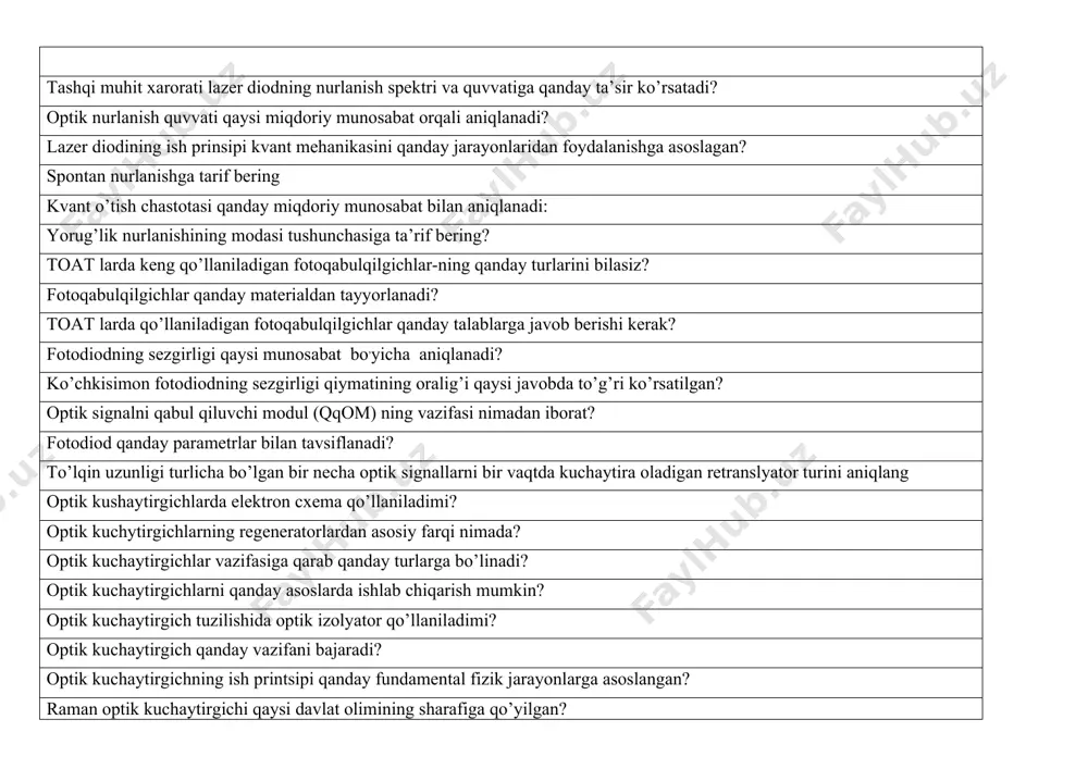 mlarida qaysi turdagi optik kuchaytirgichlar keng qo’llanish topgan? optik kuchaytirgichlarni qancha masofada joylashtirish tavsiya etilgan? edfa optik kuchaytirgich qaysi diapozonda signallarni kuchaytirish uchun mo’ljallangan? optik kuchaytirgichlarda kuchaygan spontan emissiya shovqinlari qaysi holatda yuzaga keladi? optik kuchaytirgich qanday asosiy parametrlar bilan tavsiflanadi? optik kuchaytirgichlarda axborot signalining va damlash to’lqin uzunliklari orasidagi munosabat qanday bo’lishi kerak? edfa optik kuchaytirgichining maksimal kuchaytirish satxi necha db ni tashkil etadi? optik kuchaytirgichlarda opto-elektron va elektro-optik o’zgartirish bajariladimi? edfa optik kuchaytirgich qaysi shaffoflik darchalarida ishlaydi? aralashma tolali optik kuchaytirgichning kuchaytirish xarakteristikasi diapazonda chiziqlimi? edfa optik kuchaytirgich kuchaytirish xarakteristikasini tekislash uchun qo’llaniladigan qurilma nima? optik kuchaytirgichlarda signallarni qayta tiklash, to’g’rilash bajariladimi? edfa optik kuchaytirgichning aktiv qismi nimadan iborat? aralashmali optik kuchaytirgichlarni yaratishda aralashma sifatida qaysi kimyoviy elementlardan foydalanish mumkin? optik kuchaytirgich tarkibidagi selektiv tarmoqlagich qanday vazifani bajaradi? tolali optik kuchaytirgichlarning ishlashi uchun, uning tuzilishi tarkibidagi damlash lazerining energiyasi qaysi shartni qanoatlantirishi kerak? optik modulyatorlarning vazifasi nimadan iborat? …