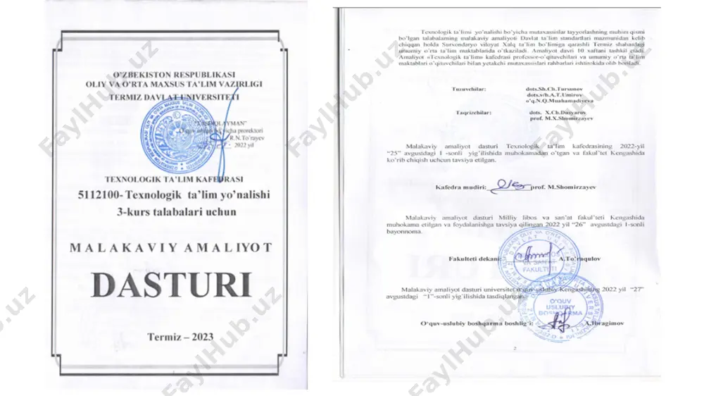 alar amaliyotiga umumiy raxbarlik o’quv muassasasi rahbari (direktori) buyrug’iga ko’ra, ma’sul xodimlaridan biriga yuklatiladi. 3.1. amaliyotni maqsadga muvofiq va samarali tashkil etish maqsadida korxona yoki o’quv muassasasi tomonidan tayinlanadigan amaliyot rahbariga quyidagi vazifalar yuklanadi: - universitet tomonidan tayinlangan amaliyot raxbari bilan hamkorlikda talabalar amaliyotini tasdiqlangan dastur va reja asosida sifatli tashkil qilish; - talabalarga mexnatni muhofaza qilish va xavfsizlik texnikasi qoidalari xamda sanitariya-gigiena qoidalari bo’yicha sifatli instruktaj o’tkazishni tashkil qilish; - umumiy o’rta ta’lim maktablarida talabalarga maktabning tuzilishi, ishlashi va boshqaruvi to’g’risida tushuncha berish, asosiy va yordamchi bo’limlari bilan tanishtirish; - amaliyotning asosiy maqsadidan kelib chiqqan xolda va uning dasturiga binoan talabalar uchun o’quv muassasalarining, ishlab chiqarish yoki o’quv-tarbiyaviy faoliyatiga doir mavzularda nazariy mashg’ulotlar va seminarlar o’tkazish; - amaliyotchi talabalarning mexnat intizomini, davomatini, kundalik daftar yuritishlarini va amaliyot rejasining bajarilishini doimiy nazorat qilish; - talabalarning hisobot tuzishlari uchun zaruriy me’yoriy xujjatlar, texnologik tavsiyanomalar, qo’llanmalar, texnologik uskunalarning texnik pasportlari va adabiyotlar …