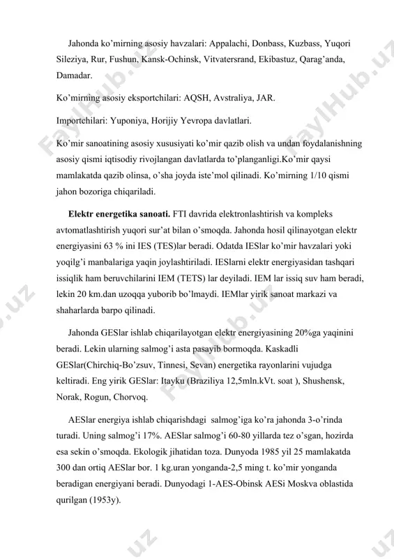 a jahonda 3-o’rinda turadi. uning salmog’i 17%. aeslar salmog’i 60-80 yillarda tez o’sgan, hozirda esa sekin o’smoqda. ekologik jihatidan toza. dunyoda 1985 yil 25 mamlakatda 300 dan ortiq aeslar bor. 1 kg.uran yonganda-2,5 ming t. ko’mir yonganda beradigan energiyani beradi. dunyodagi 1-aes-obinsk aesi moskva oblastida qurilgan (1953y). lekin turli davlatlarda es salmog’i turlicha. masalan: polsha va jarda asosan energiyani ieslar, norvegiyada geslar, fransiyada esa aeslar (3/4qismi) beradi. elektr energiyasi dunyo boyicha 15,6 trln.kvt/soat (2005) ishlab chiqaradi. elektr energiyasi ishlab chiqarishda yetakchi mamlakatlar: 1.aqsh (3,9 trln.kvt/s.) 6.germaniya (560 mln.kvt/s) 2. xitoy (2,2 trln.kvt/s) 7. hindiston (560 mln.kvt/s) 3 yaponiya (1,1 trln.kvt/s). 8. fransiya ( 540 mln.kvt/s) 4.rossiya (940 mln.kvt/s) 9.buyuk britaniya (370 mln.kvt/s) 5.kanada (570 mln.kvt/s) 10.braziliya (360 mln.kvt/s). mazkur birinchi o’nlik davlatlari jahonda hosil qilinayotgan elektr energiyasini 72 % ini ishlab chiqaradi (2005-y). aeslar salmog’i o’syapti.1980 yillarda kapitalistik davlatlarda yiliga 50000 t. uran qazib olingan, buning 1/3 qismi aqshda. uran …