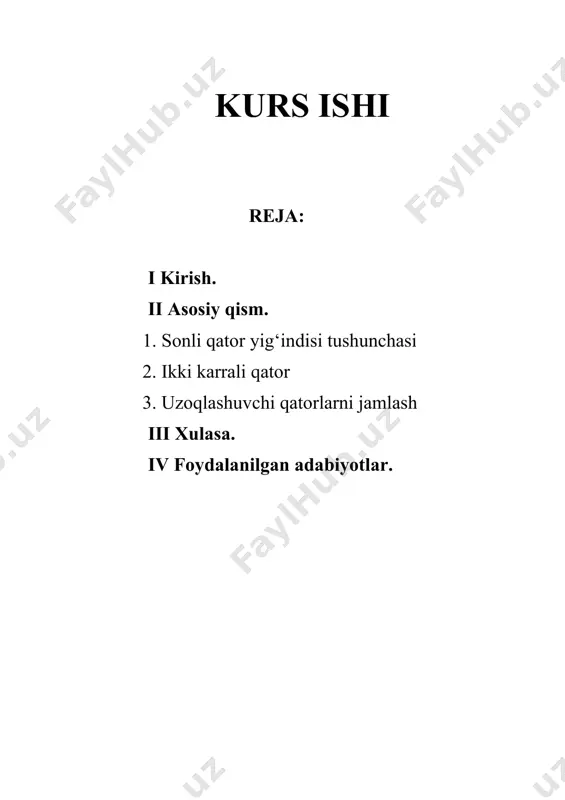 matematika fanida ham oʻqitish uslubiyotini chetlab oʻtmaydi. har bitta fanga alohida e’tibor berish, har bir mavzuni o`qitishda ma’suliyatli bo`lish o`qituvchining eng oliy maqsadi hisoblanadi. bizga ma’lumki matematika fani juda qiziqarli va shu bilan birga murakkab fan bo`lib ham hisoblanadi. ma’lumki matematik analizda nima uchun kerak, nima maqsadlarda foydalaniladi, sonli qator yig‘indisi tushunchasi, ikki karrali qator, uzoqlashuvchi qatorlarni jamlash uning yechimlari qanday topiladi, kabi masalalar qaraladi. ushbu fikrlar tanlangan mavzuning qanchalik darajada dolzarb ekanligini koʻrsatadi. kurs ishining obyekti. oliy ta’lim muassasalarida matematik analizni oʻqitish jarayoni. kurs ishining predmeti. sonli qator yig‘indisi tushunchasi, sonli qator, uzoqlashuvchi qatorlarni jamlashga doir nazariy va amaliy bilimlarni oʻrgatish usullari va vositalari. kurs ishining maqsadi. sonli qator yig‘indisi tushunchasi, ikki karrali qator uzoqlashuvchi ikki karrali qator mavzusi yuzasidan masalalar yechish metodikasini ishlab chiqish. kurs ishining vazifalari. oliy ta’lim muassasalarida uchun dts, taqvim rejasi, mavzuga oid mavjud adabiyotlar, internet ma’lumotlarini toʻplash va tahlil qilish; “ ikki karrali qatorlar …