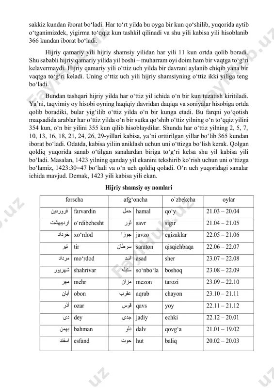 ili deb atalgan. hijriy yil hisobi hijriy yili musulmonlar yili bo‘lib, 622 melodiy yilidan, ya’ni muhammad payg‘ambarning makkadan madinaga hijrat qilgan davridan boshlanadi. hijriy yili ikki xil yil hisobiga ega. birinchisi – hijriy qamariy yil hisobi bo‘lib, oyning er atrofida aylanish davri 29,5 kecha-kunduz hisobidan olingan. hijriy yil hisobi ham o‘n ikki oydan iborat bo‘lib, olti oyi yigirma to‘qqiz, olti oyi o‘ttiz kundan iborat bo‘ladi. bir yil 354 kunni tashkil qiladi. kabisa yilida o‘n ikkinchi oy o‘ttiz kun qilib olinadi va buy il 355 kunni tashkil qiladi. ikkinchisi – hijriy shamsiy yilidir. bu yil hisobi erning quyosh atrofini bir marta to‘liq aylanib chiqish davriga asoslangan. shu sabab hisob quyosh kunlari asosida olib boriladi va bir yil 365 (366) kunga teng bo‘ladi. faqat bir oy yigirma sakkiz kundan iborat bo‘ladi. har to‘rt yilda bu oyga bir kun qo‘shilib, yuqorida aytib o‘tganimizdek, yigirma to‘qqiz kun tashkil qilinadi va shu yili kabisa yili …